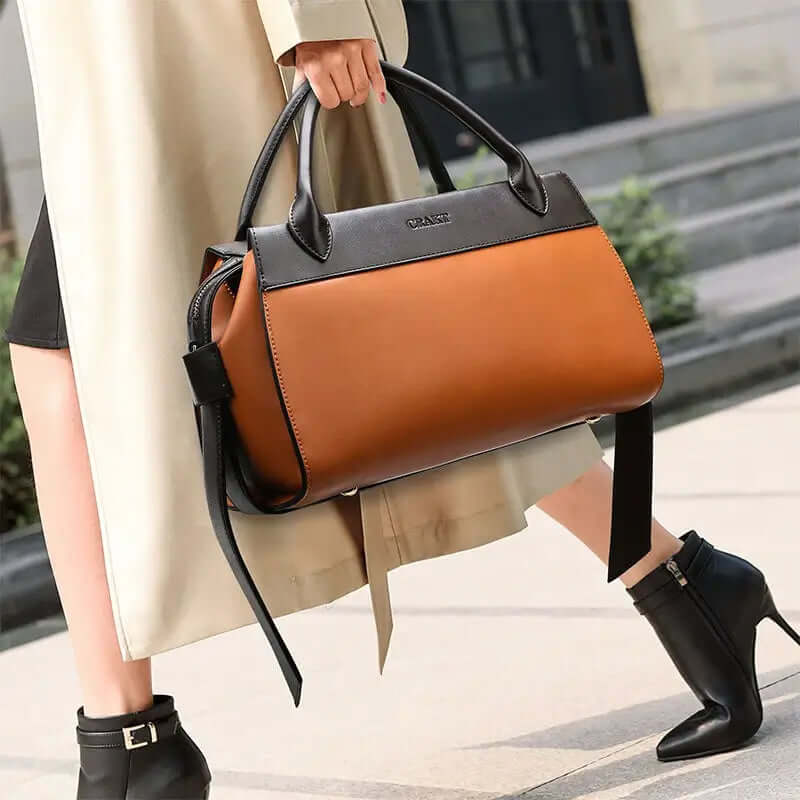 A brown leather handbag