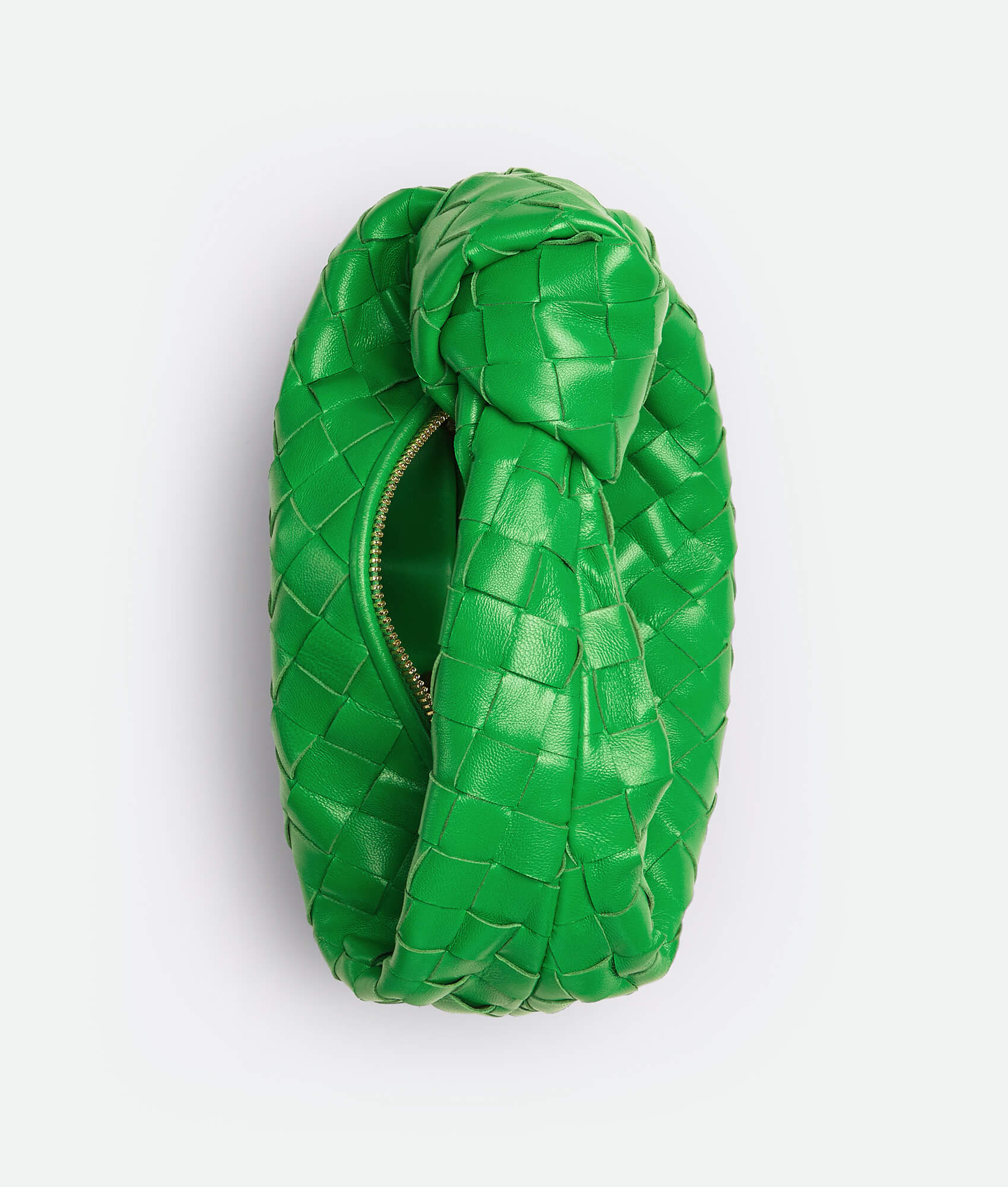 A greenwoven handbag inspired by the Bottega Mini Jodie design, featuring a compact and rounded shape.