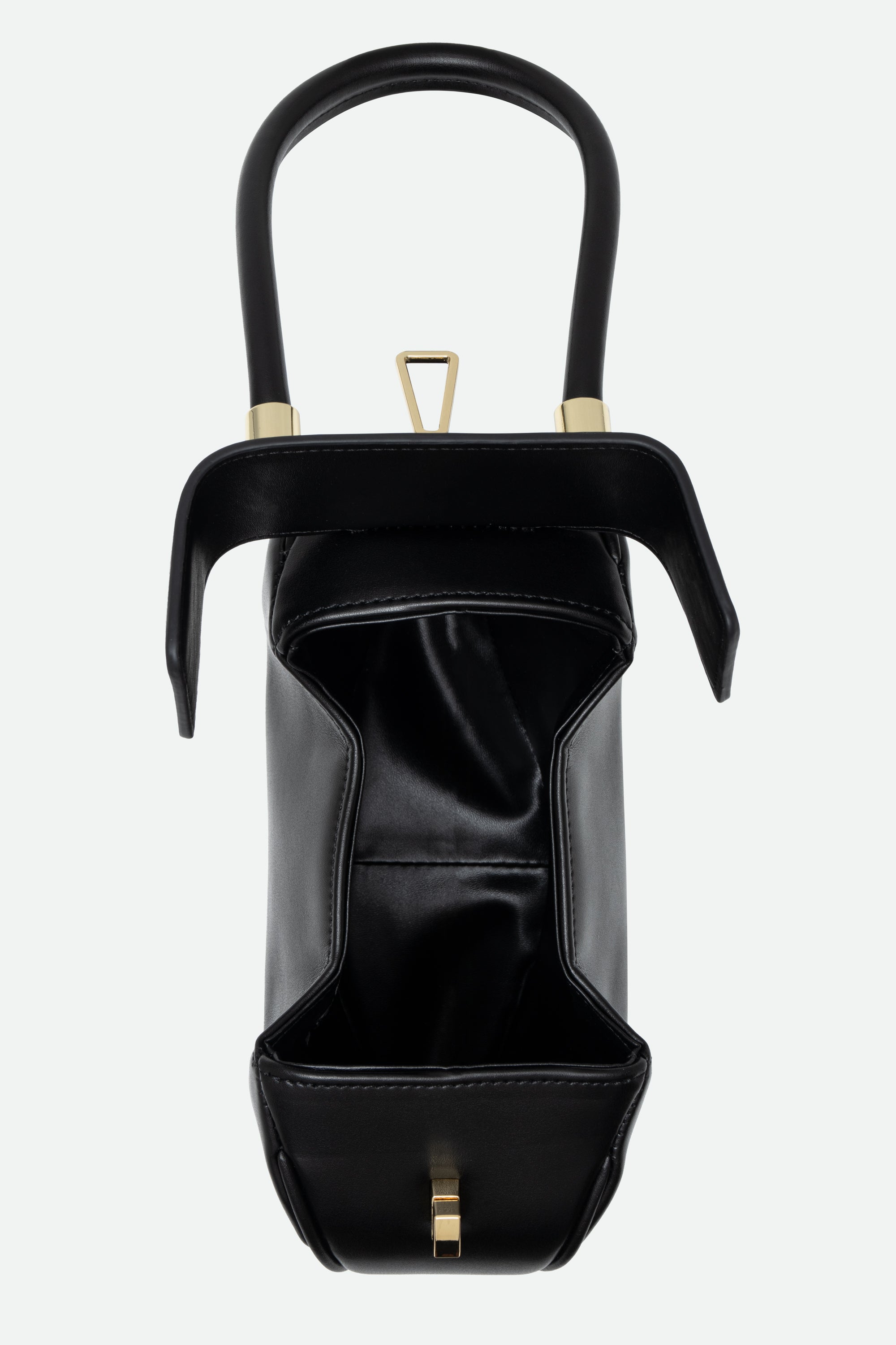 Black baby seat with gold accents on a white background