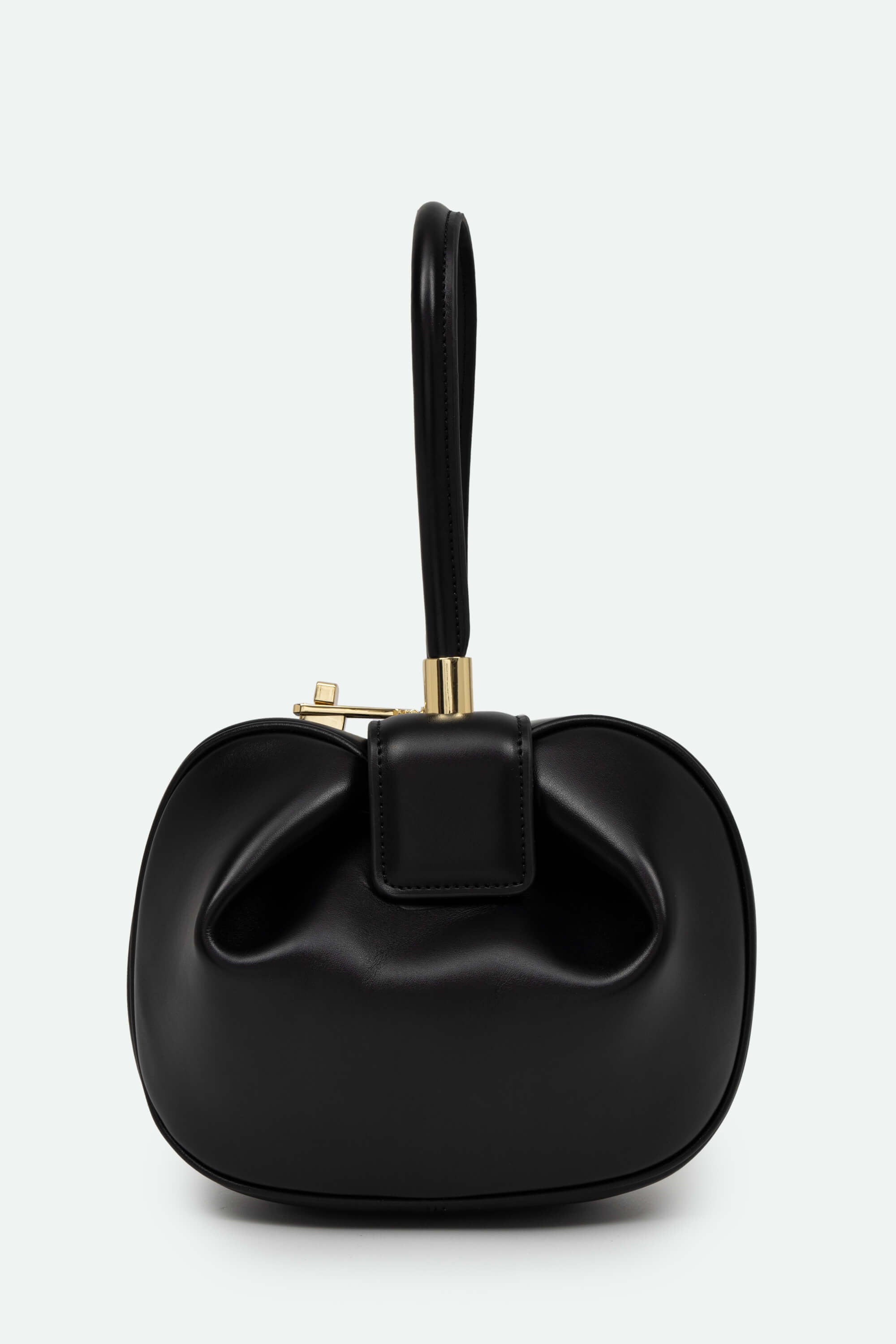 Black handbag with a bow detail on a white background