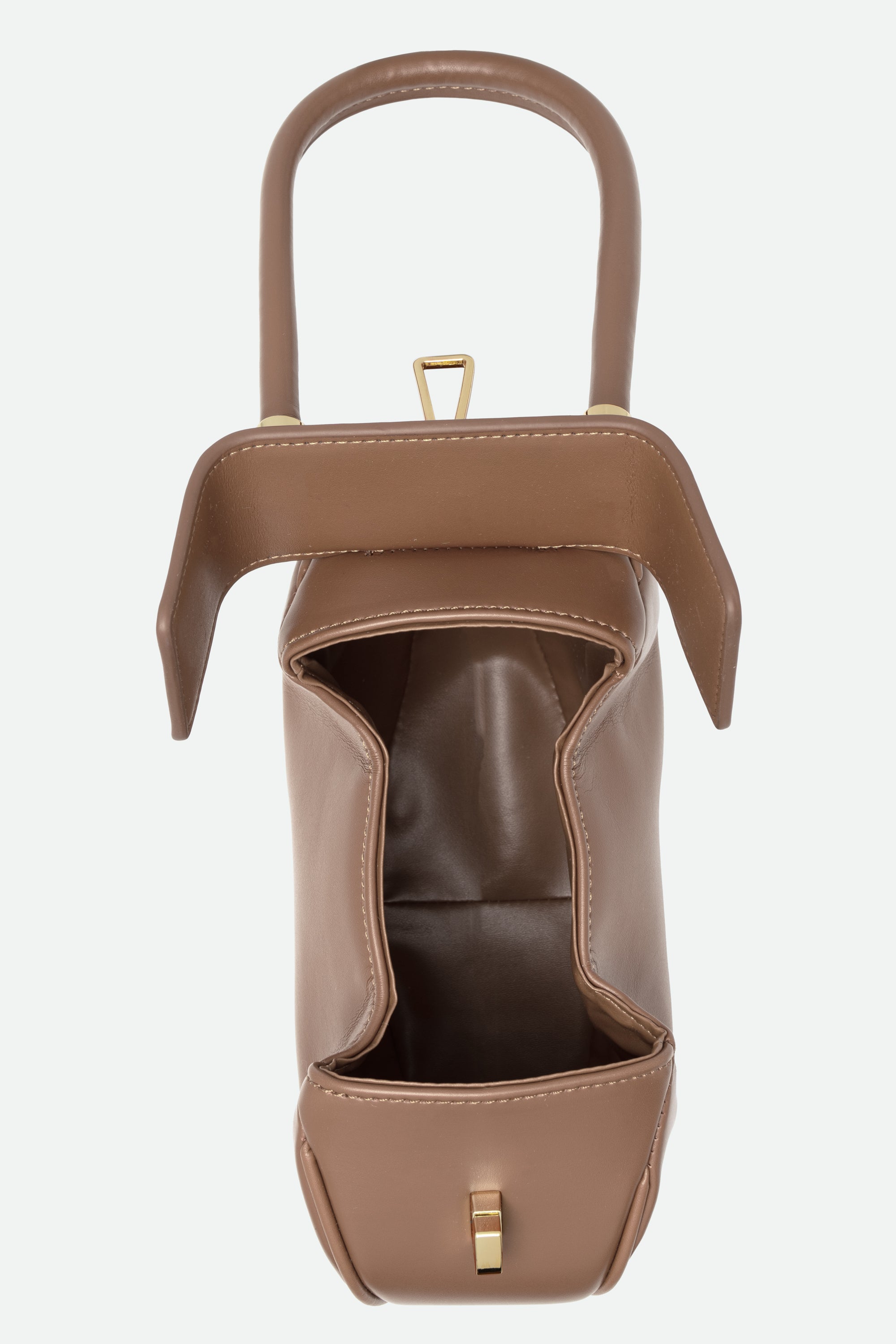 Brown handbag with a unique design on a white background