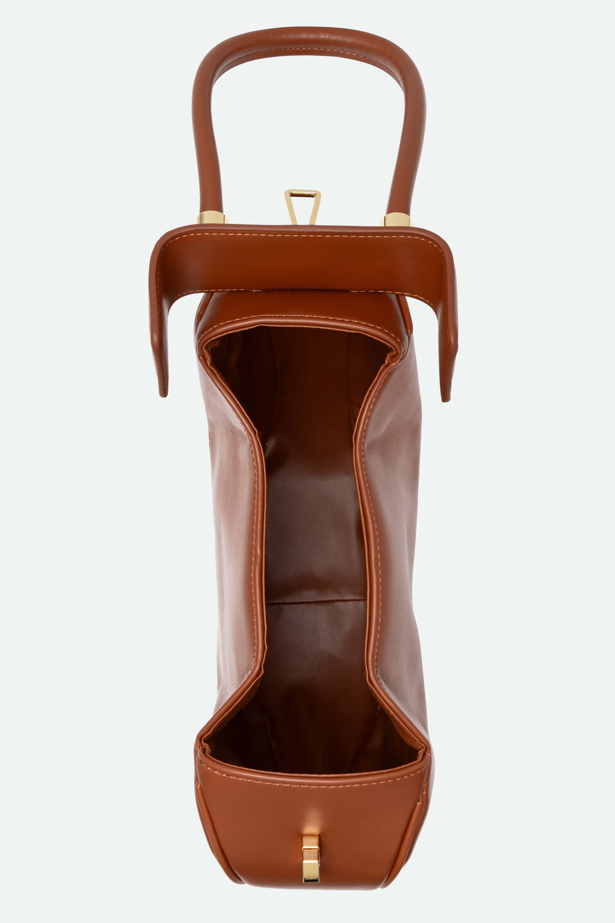 Brown leather handbag with a handle on a white background