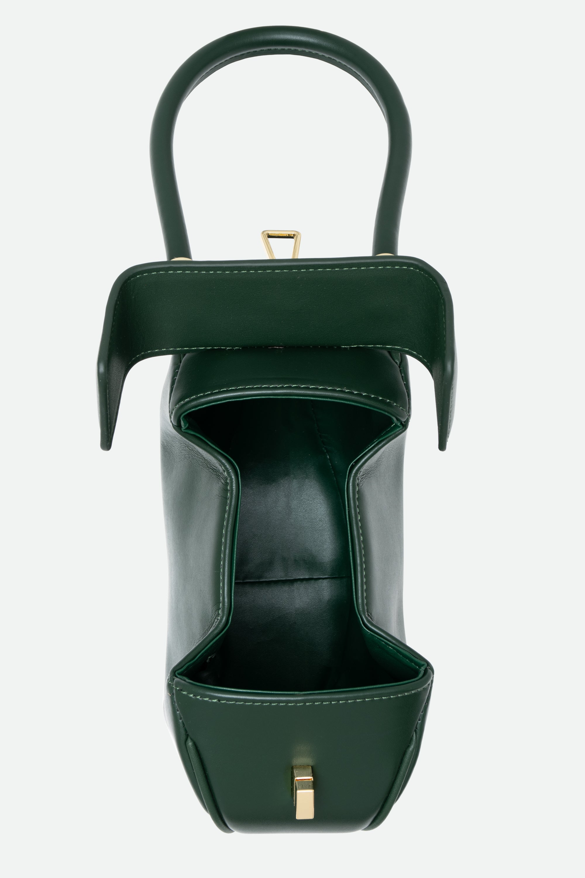 Green handbag with gold accents on a white background