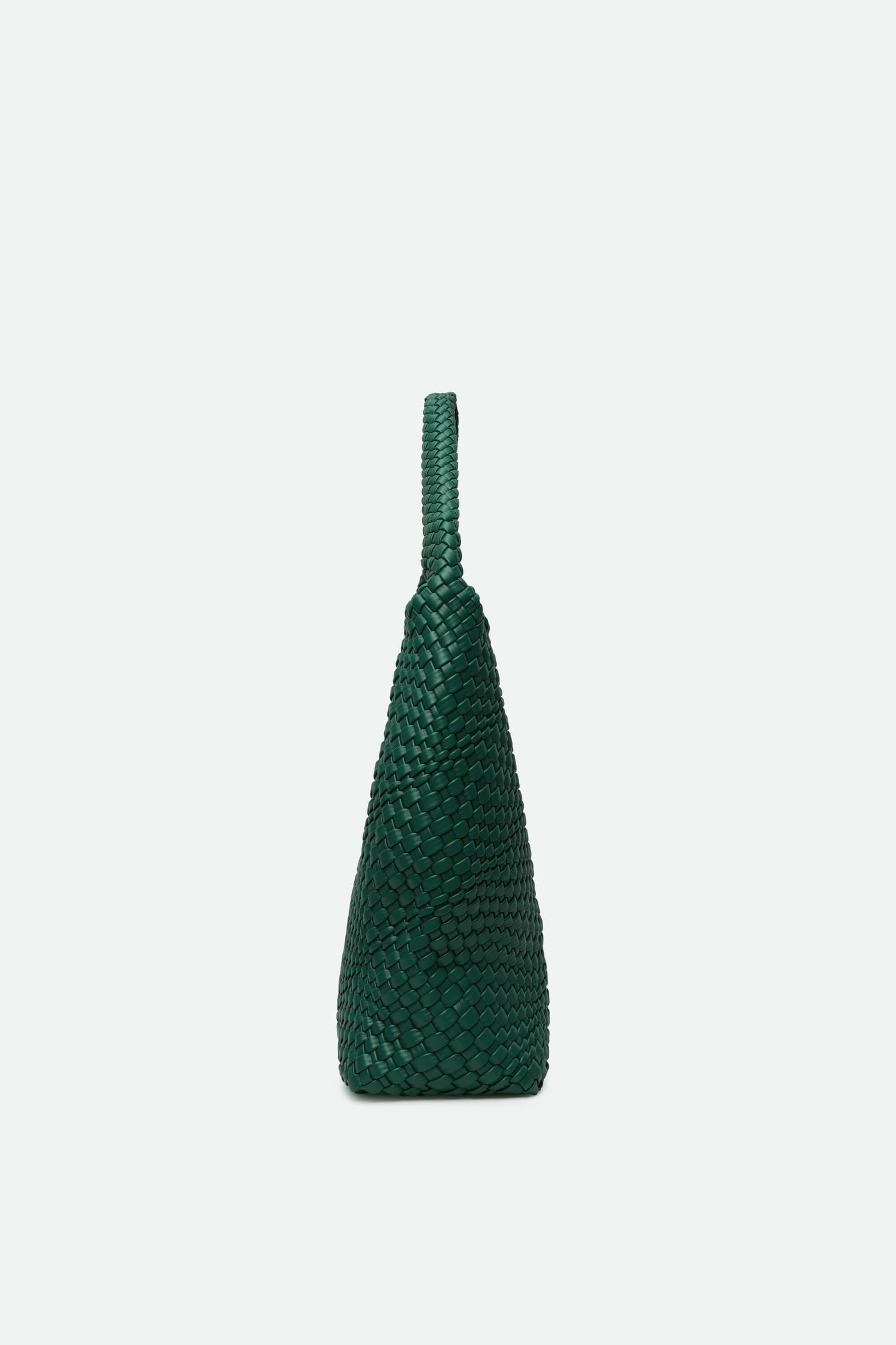 Green woven handbag on a light gray background