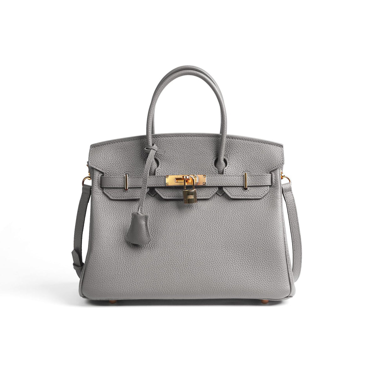 Gray handbag with gold hardware on a white background
