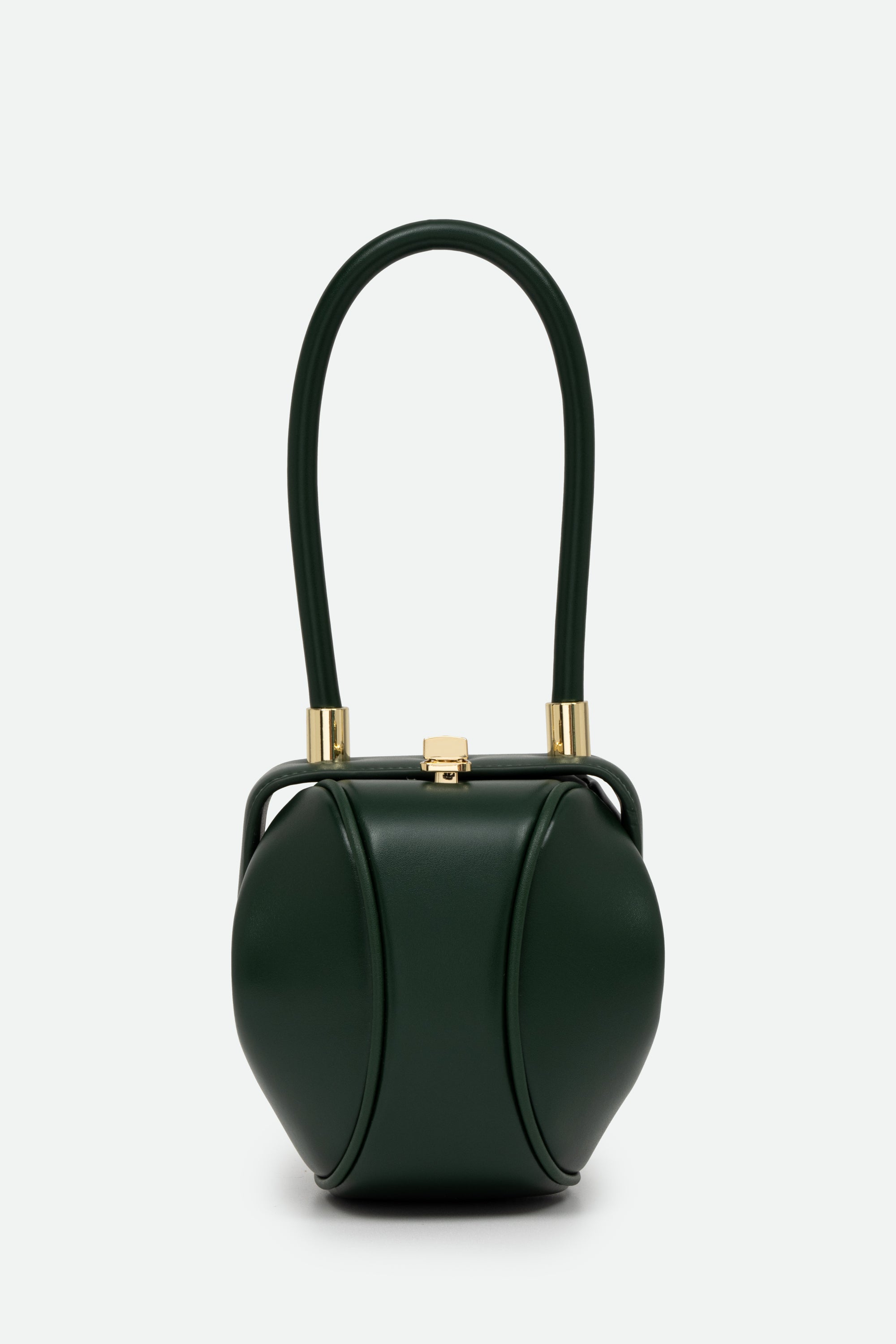 Green handbag with gold accents on a white background