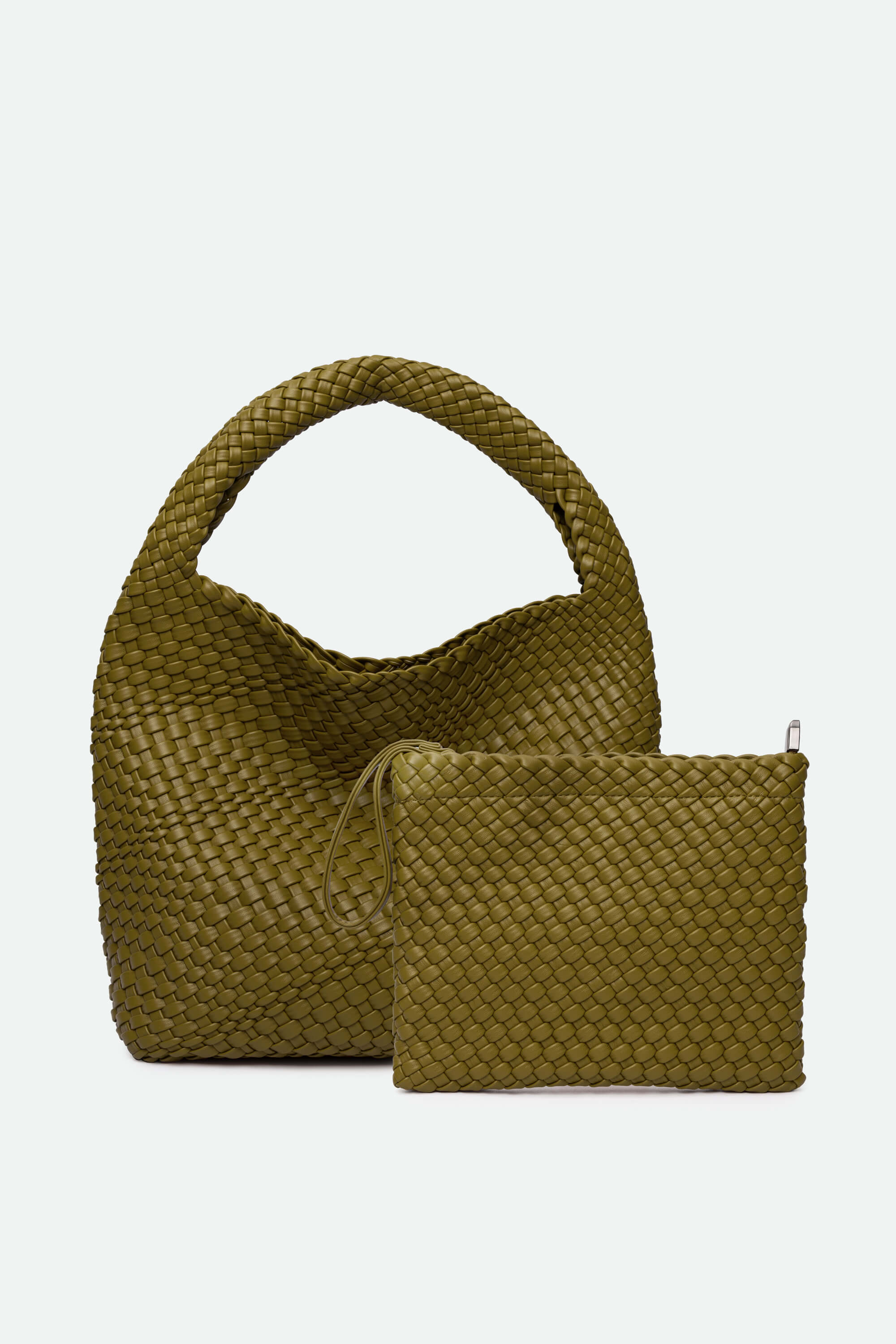 Green woven handbag and matching pouch on a white background