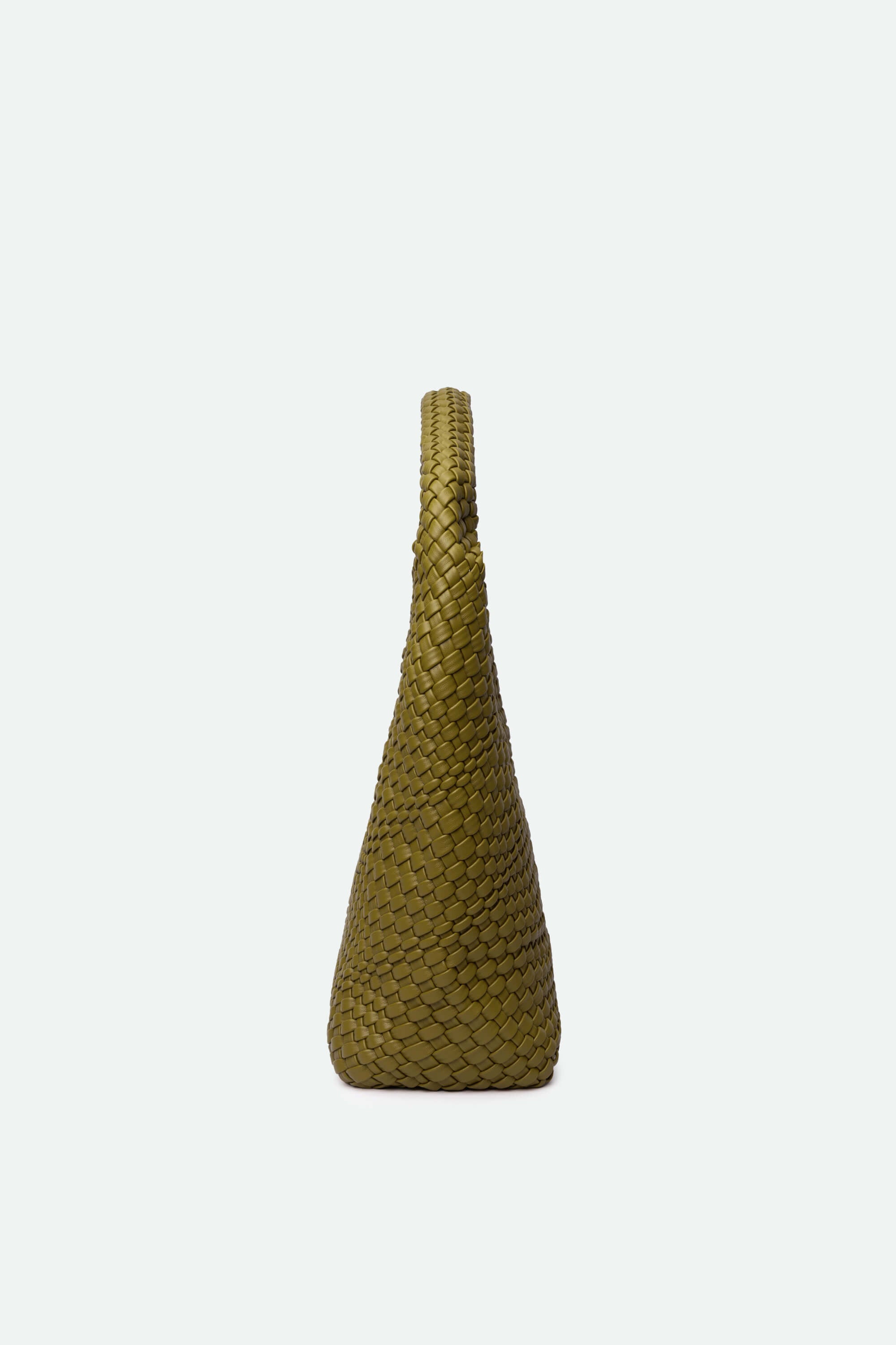 Green woven vase on a white background