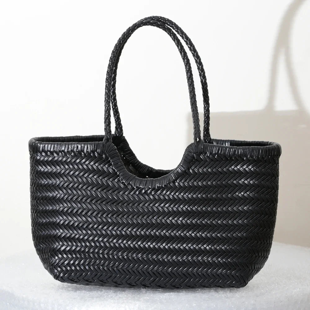 Valentina Weave woven leather tote bag in Black