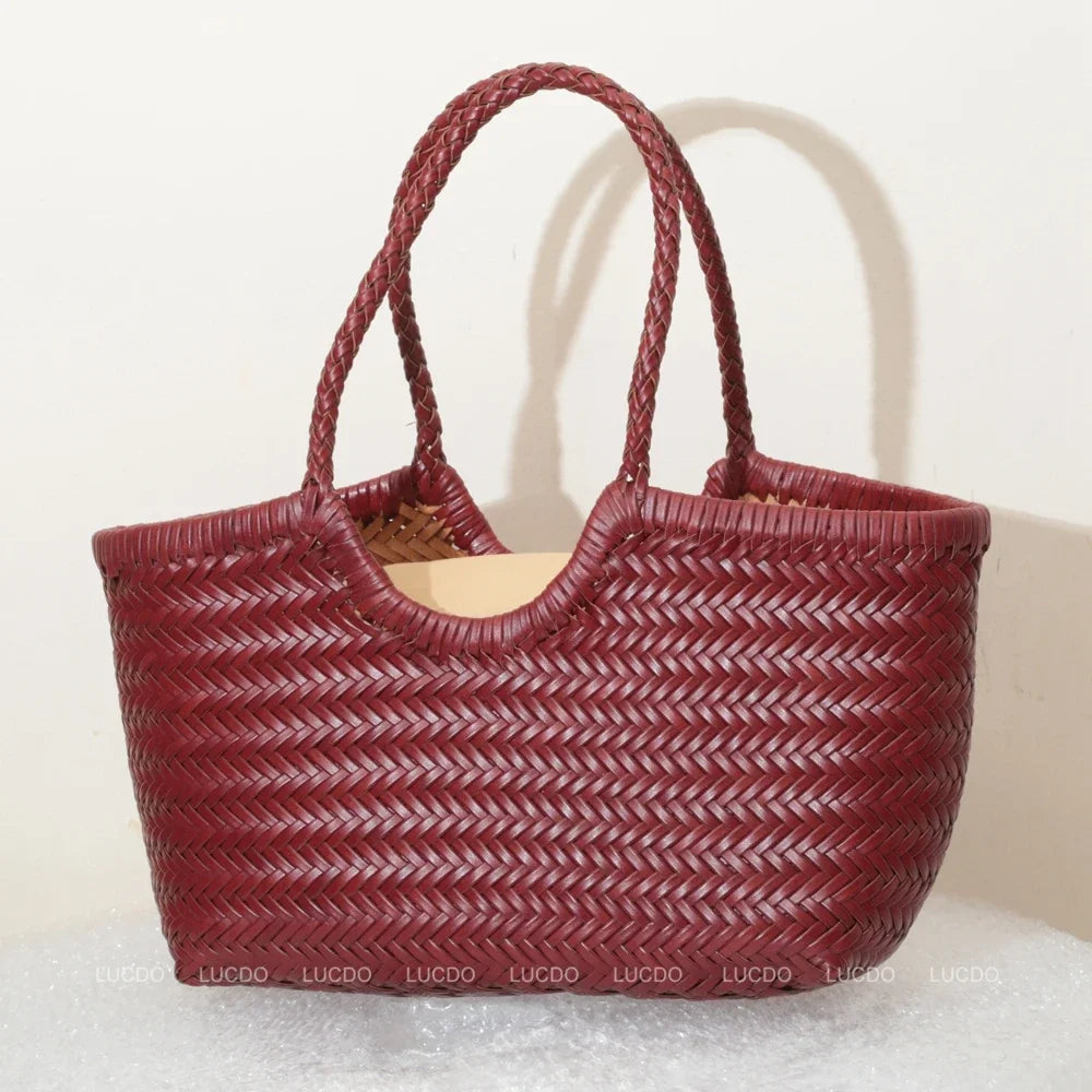 Valentina Weave woven leather tote bag in Bordeaux