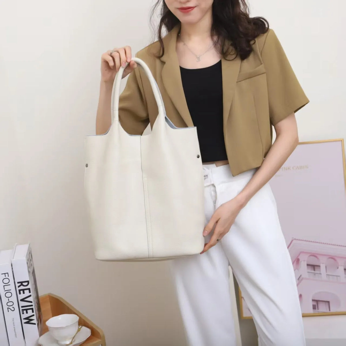 Valentina Commute soft leather work tote in Beige