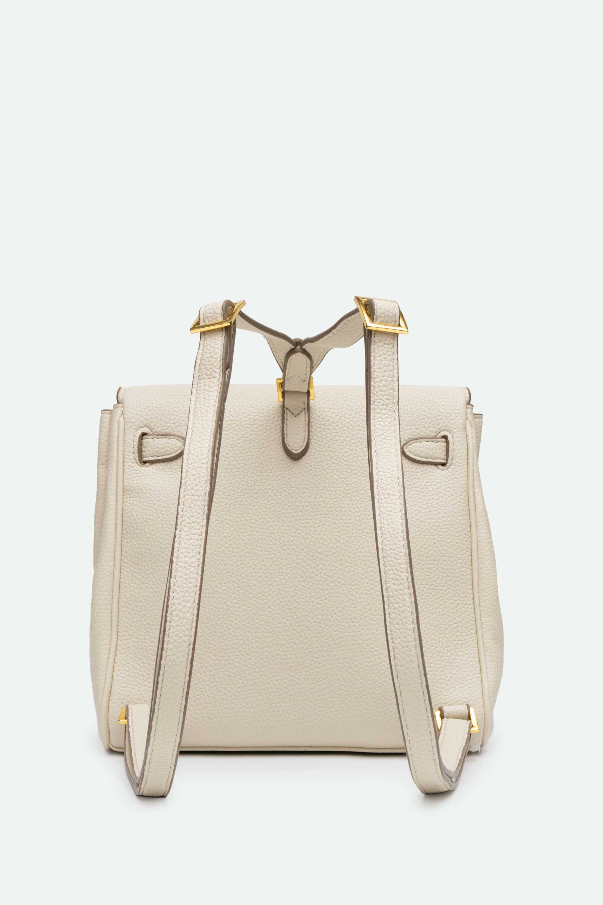 Beige backpack with gold accents on a light gray background
