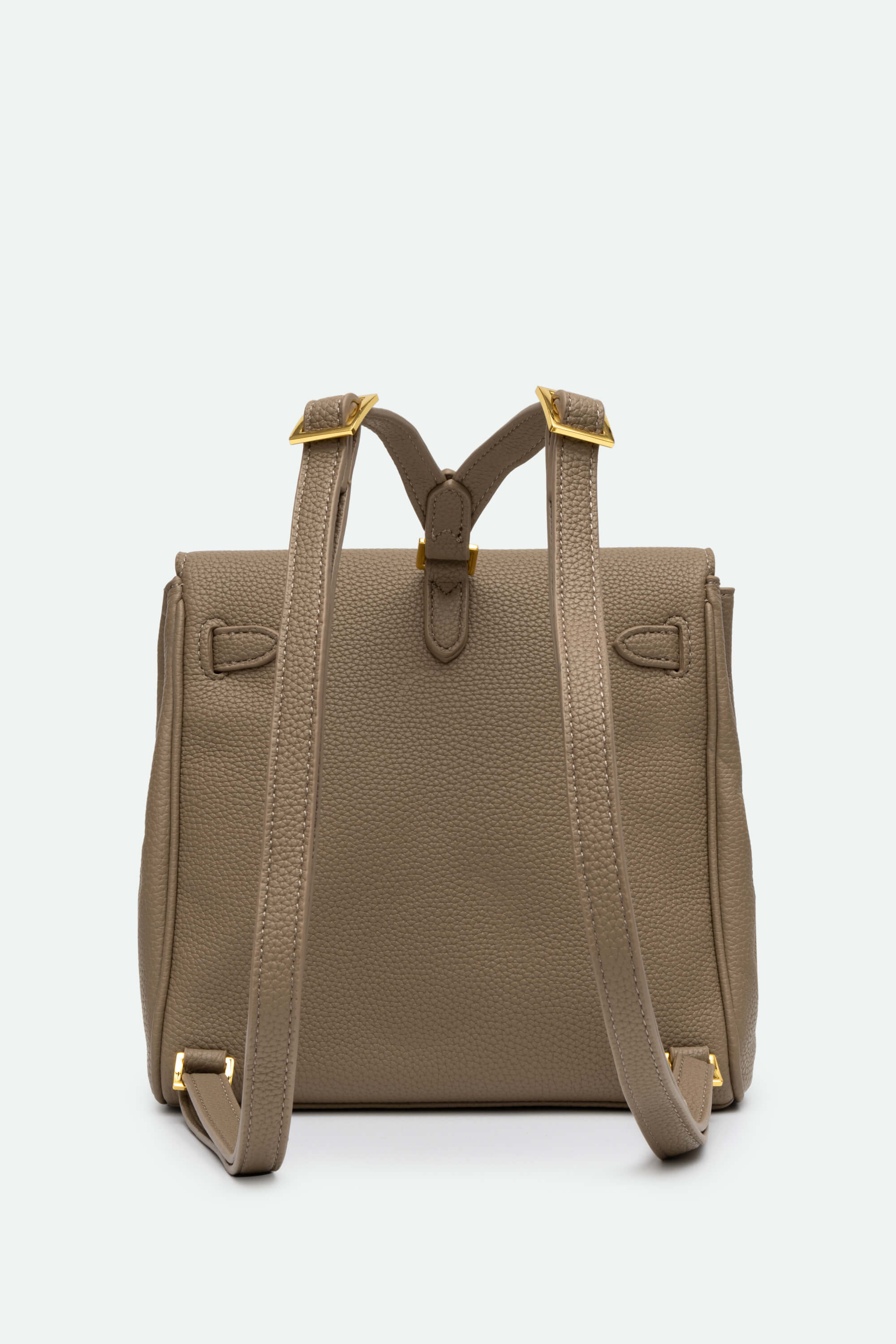 Brown backpack with gold hardware on a white background