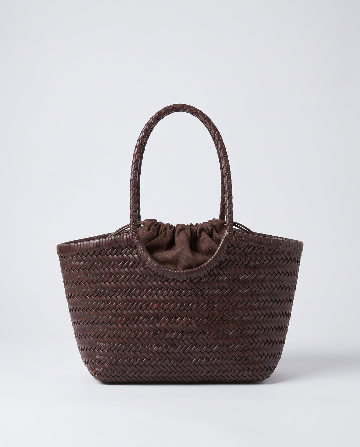 Alghero hand-woven leather basket tote in Chocolate – front view