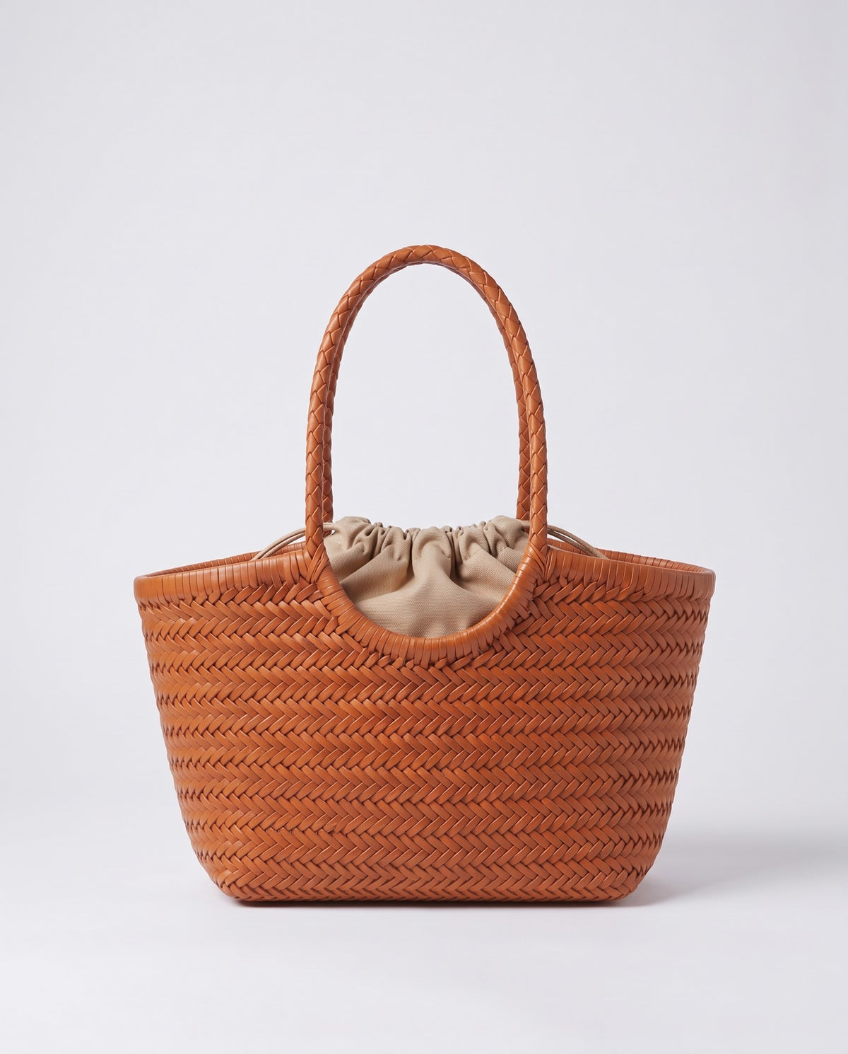 Alghero hand-woven leather basket tote in Cognac – front view