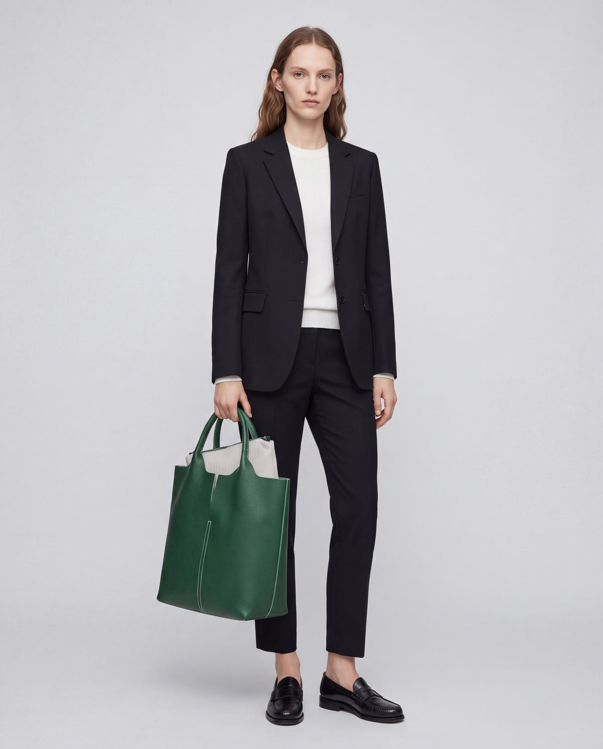 Arco bag in Green – worn by model, full length