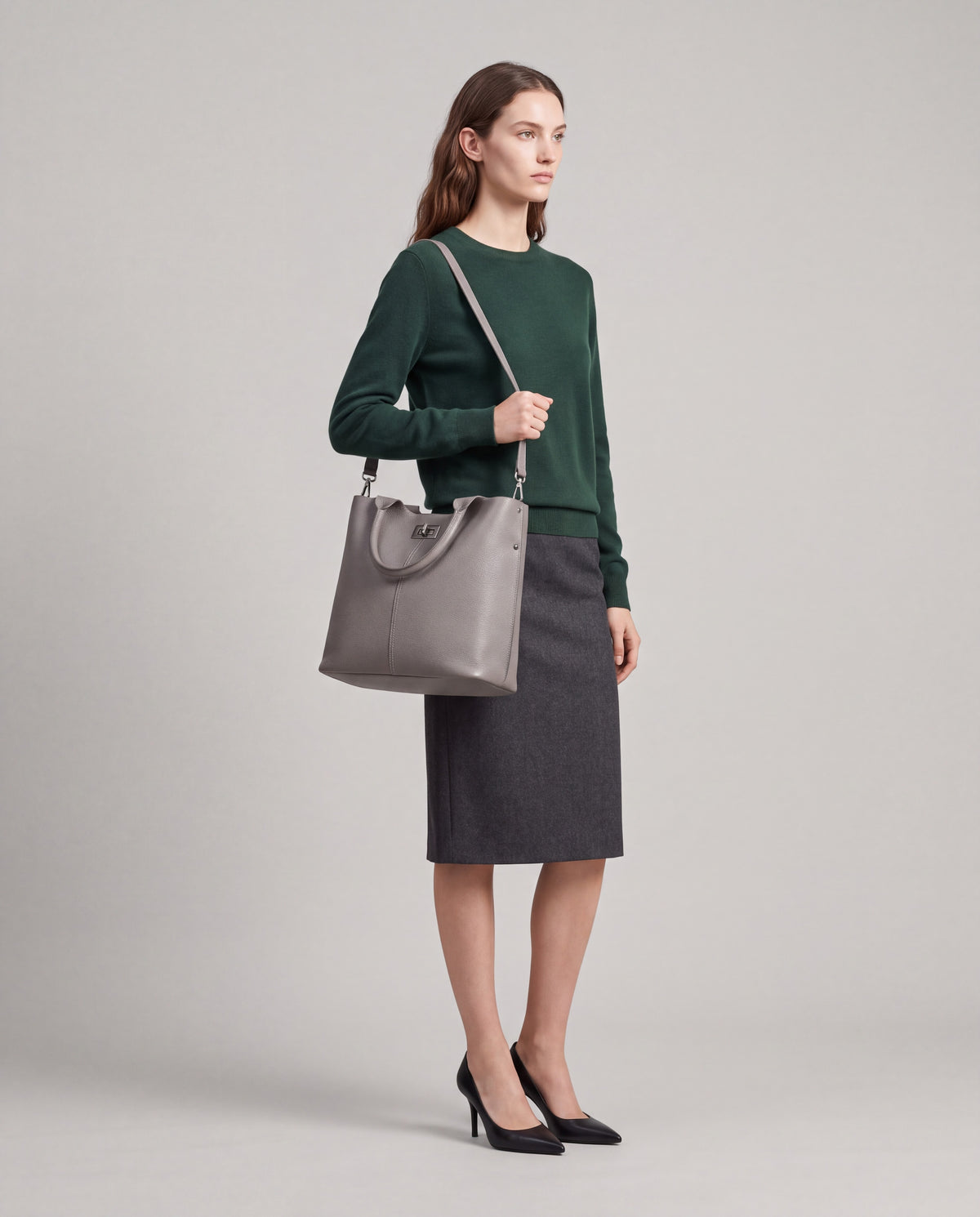 Arco bag in Grey – worn by model, full length