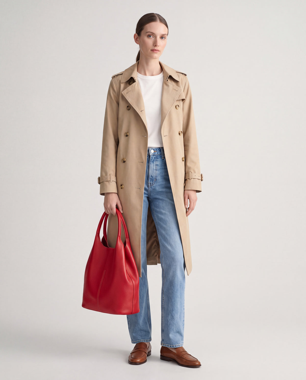 Arco bag in Red – worn by model, full length