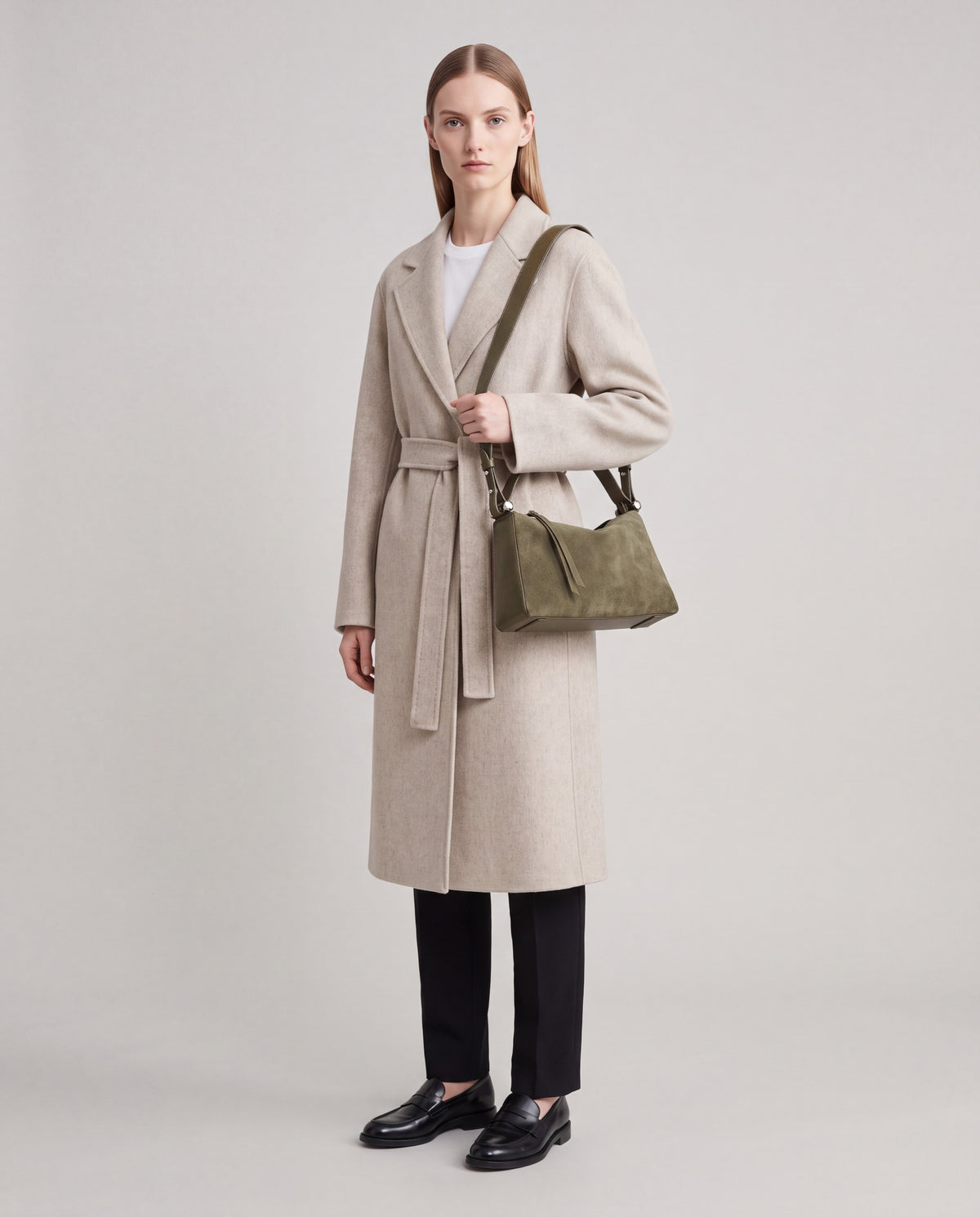 Asti bag in Olive – worn by model, full length