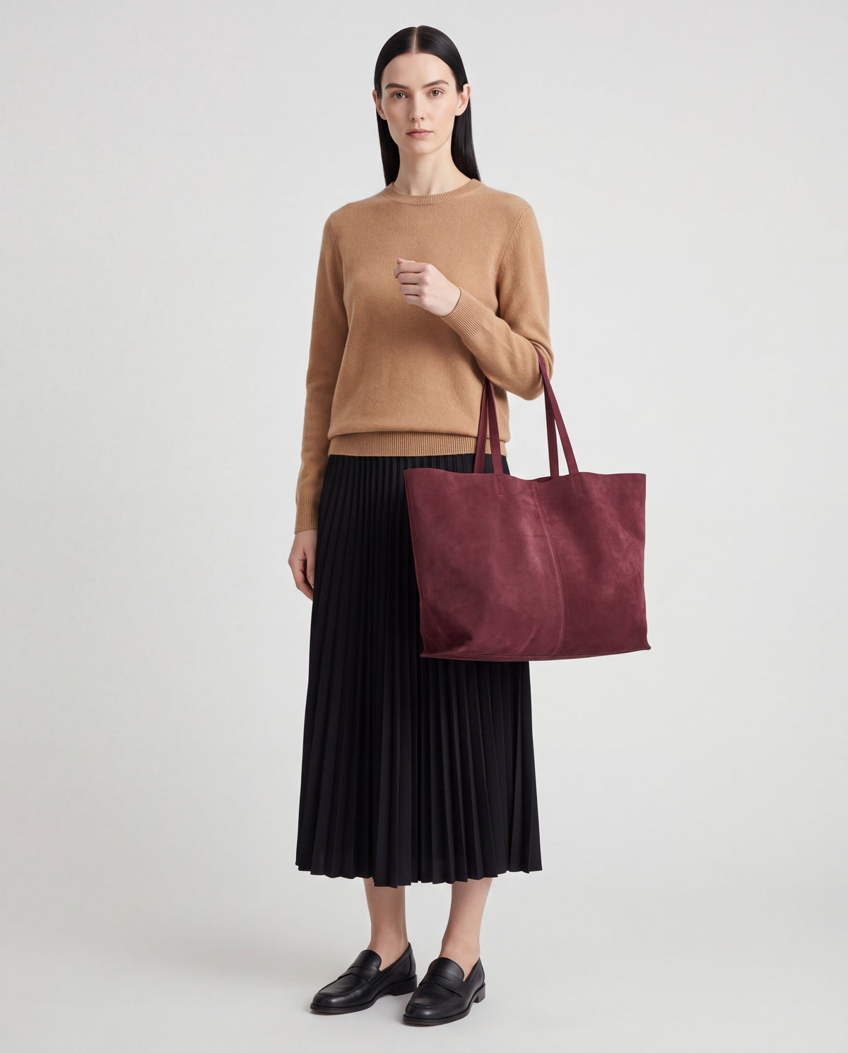 Bello bag in Burgundy – worn by model, full length