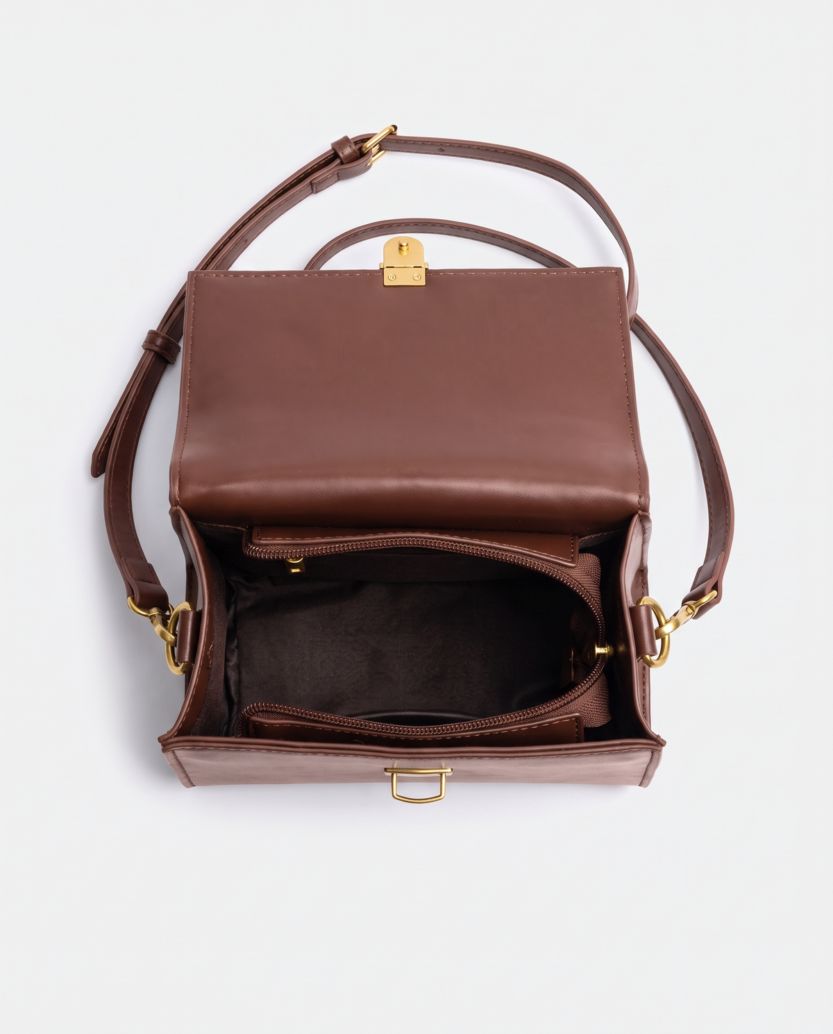 Bloc square vegan leather crossbody bag in Brown – open, showing the interior