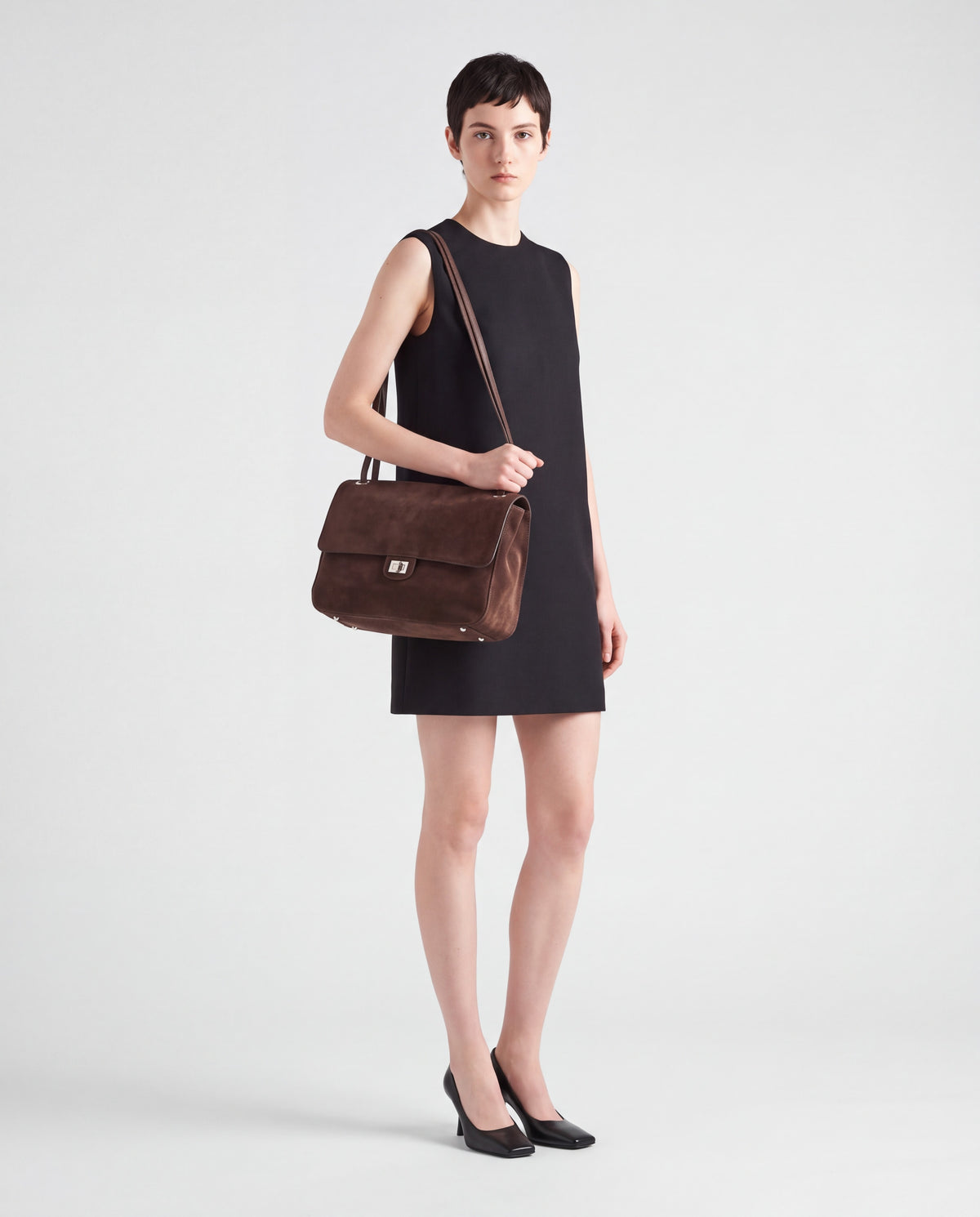 Brio Small bag in Chocolate – worn by model, full length