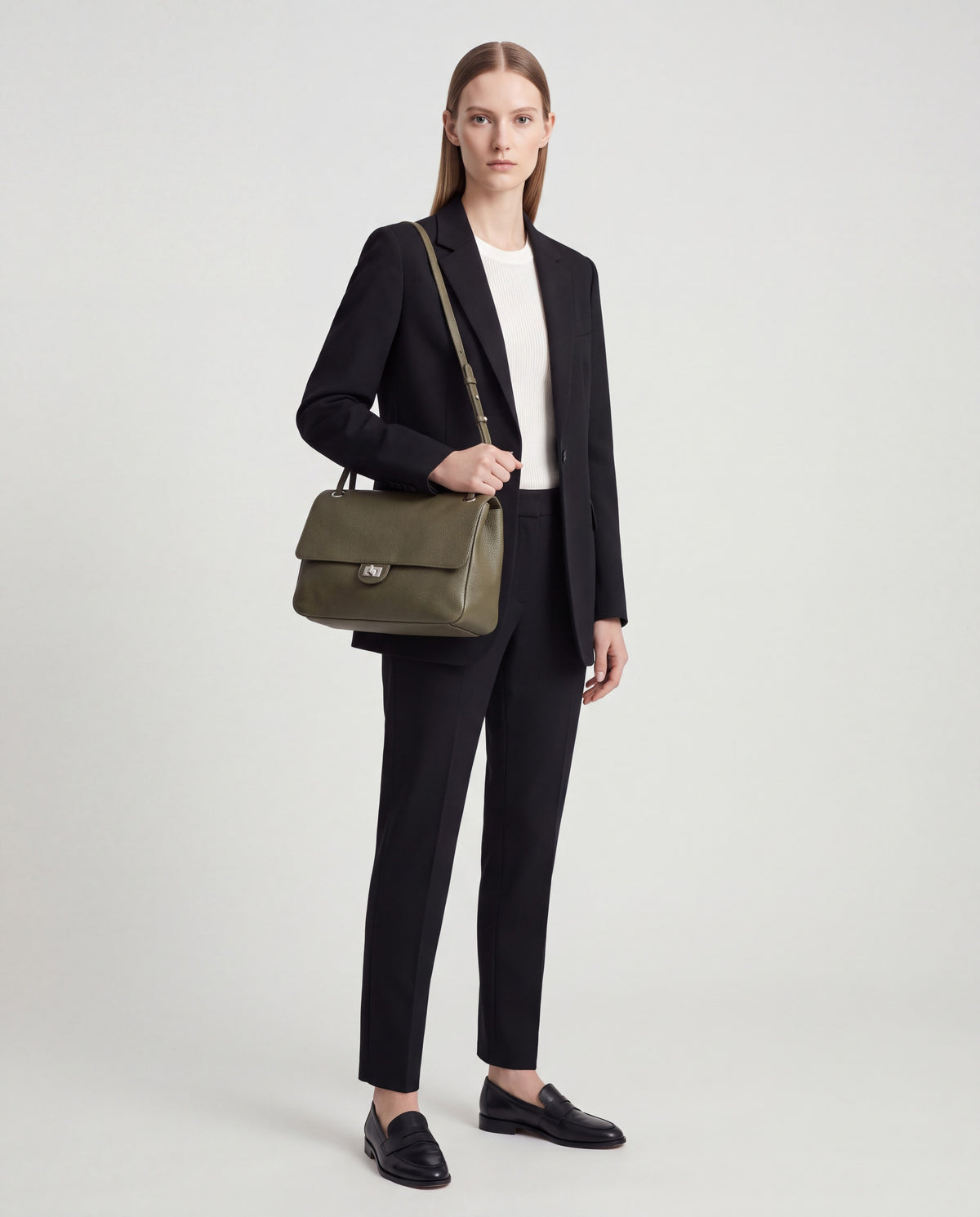 Brio Small bag in Olive – worn by model, full length