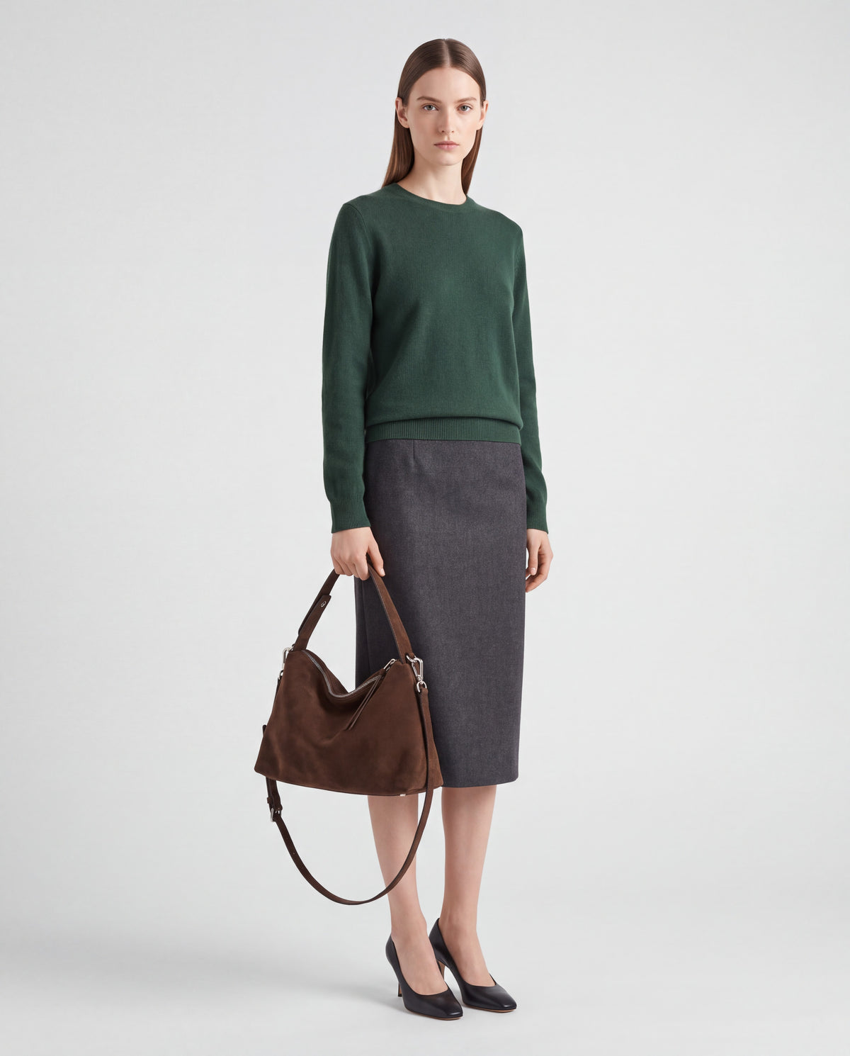 Calma bag in Chocolate – worn by model, full length