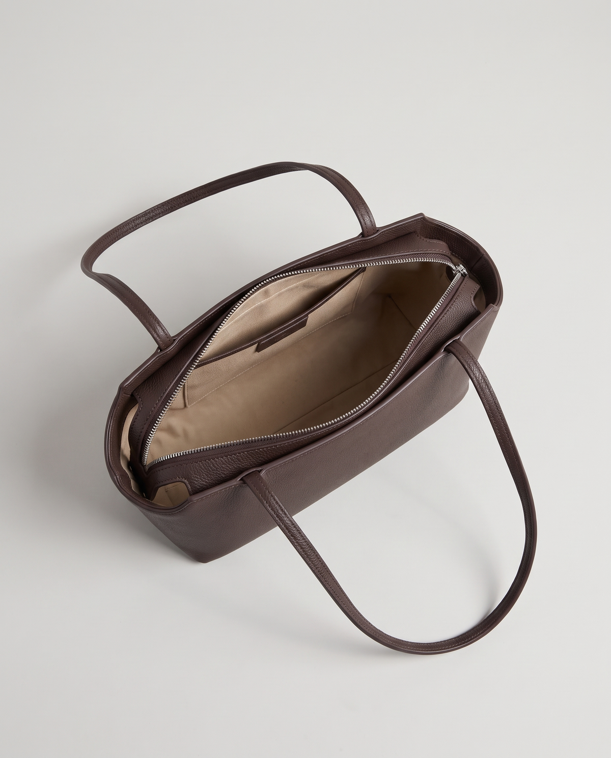Capri leather shoulder bag in espresso, open showing interior