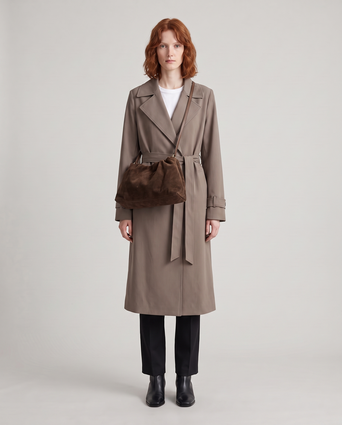 Model with the Cielo gathered suede bag in brown, full length