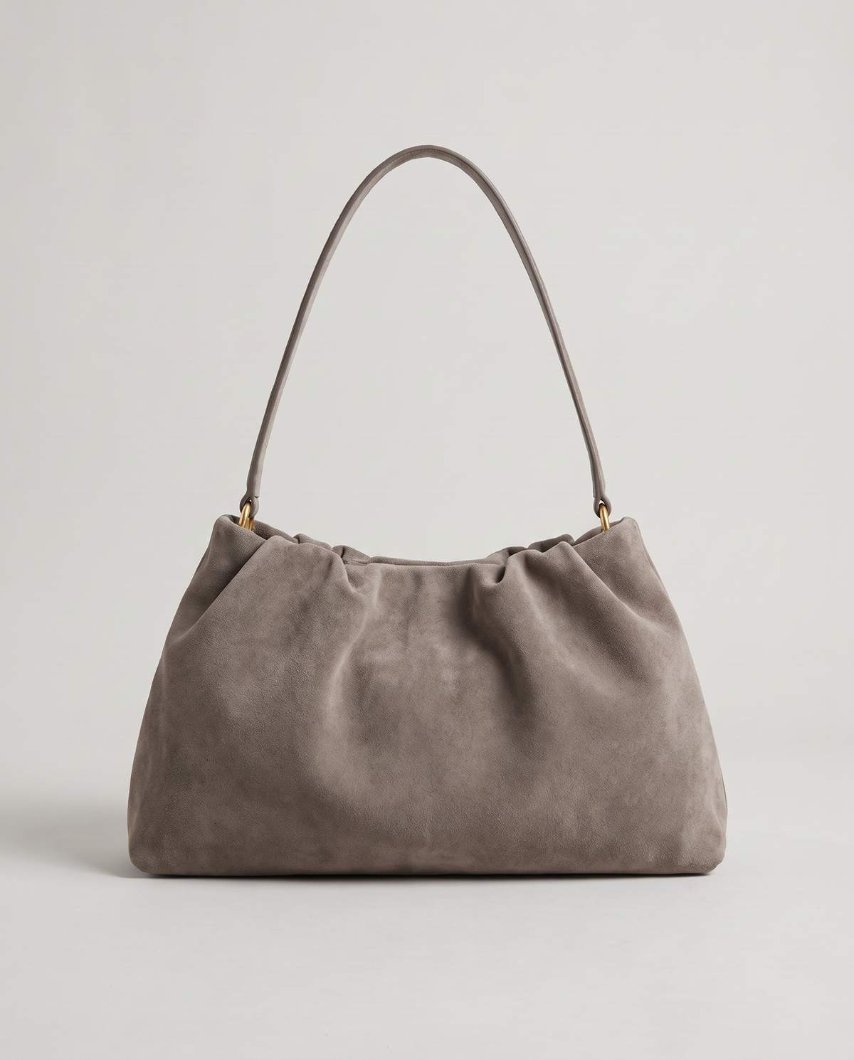 Cielo gathered suede bag in taupe, front view