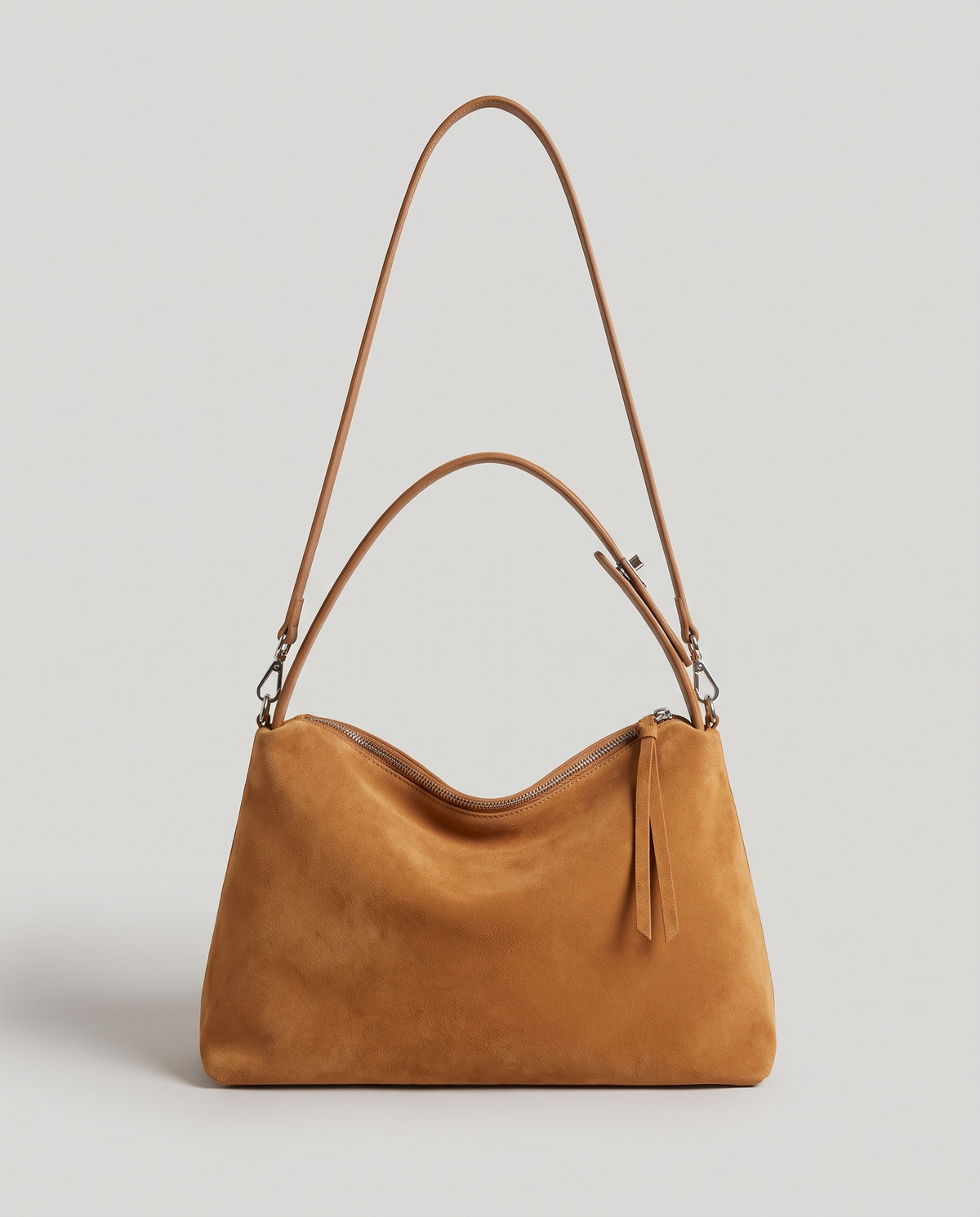 Cima suede shoulder bag in camel, front view