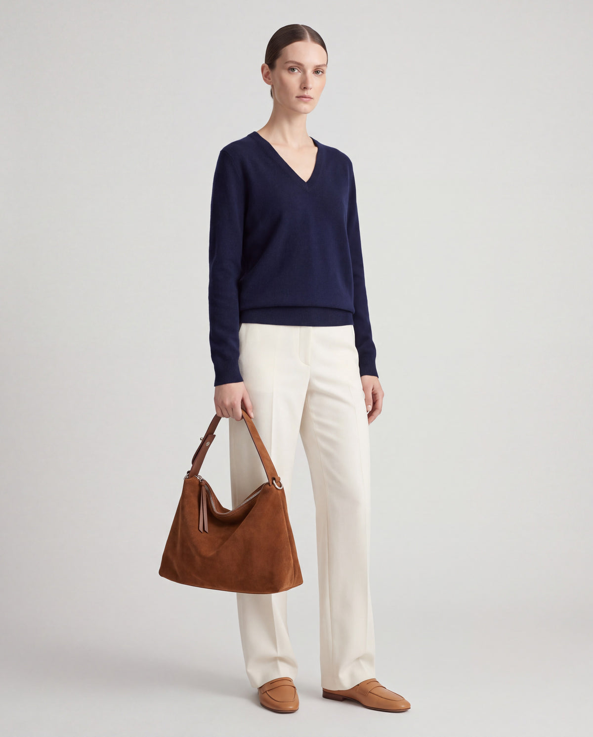 Corso bag in Brown – worn by model, full length