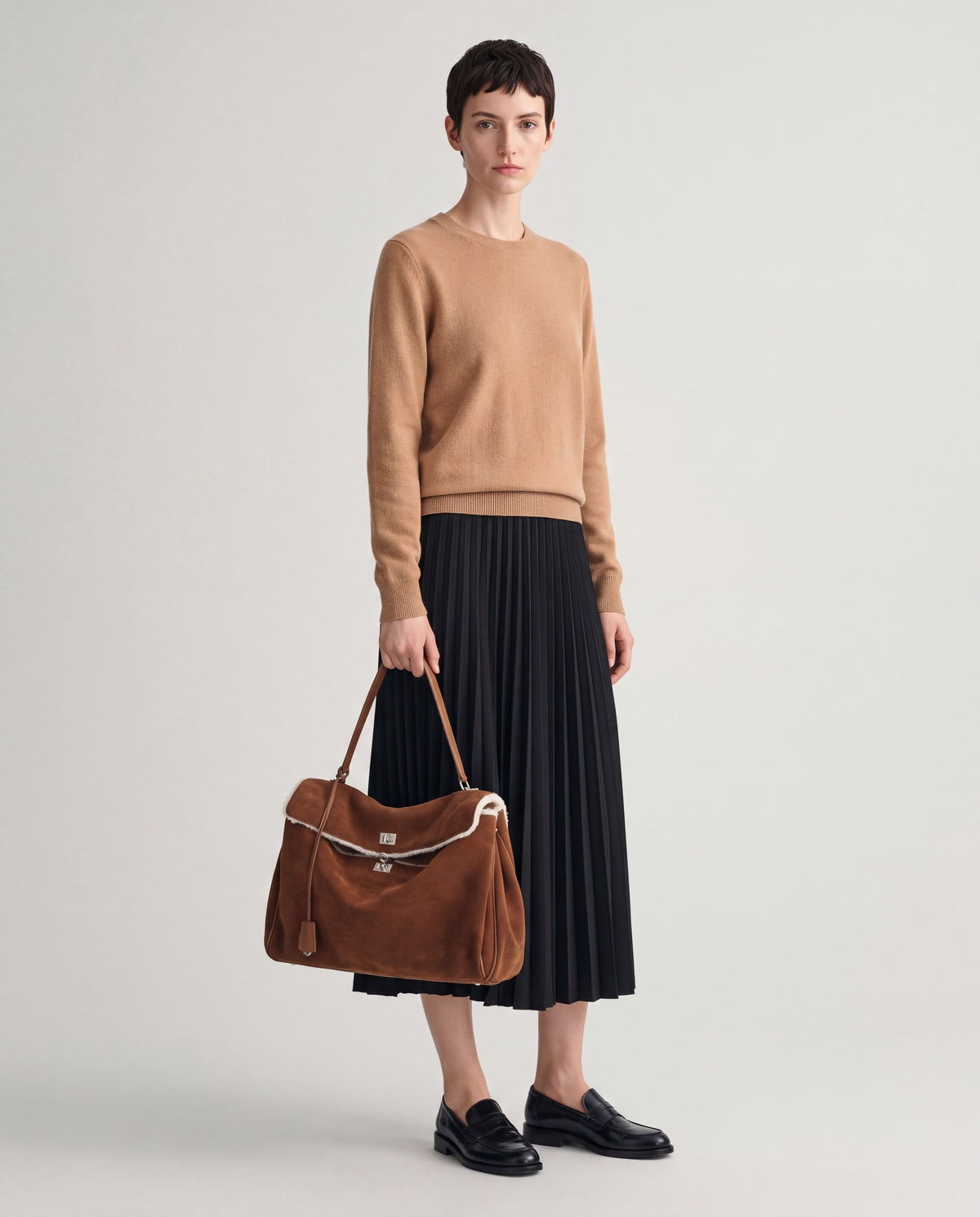 Dolce Small bag in Brown – worn by model, full length