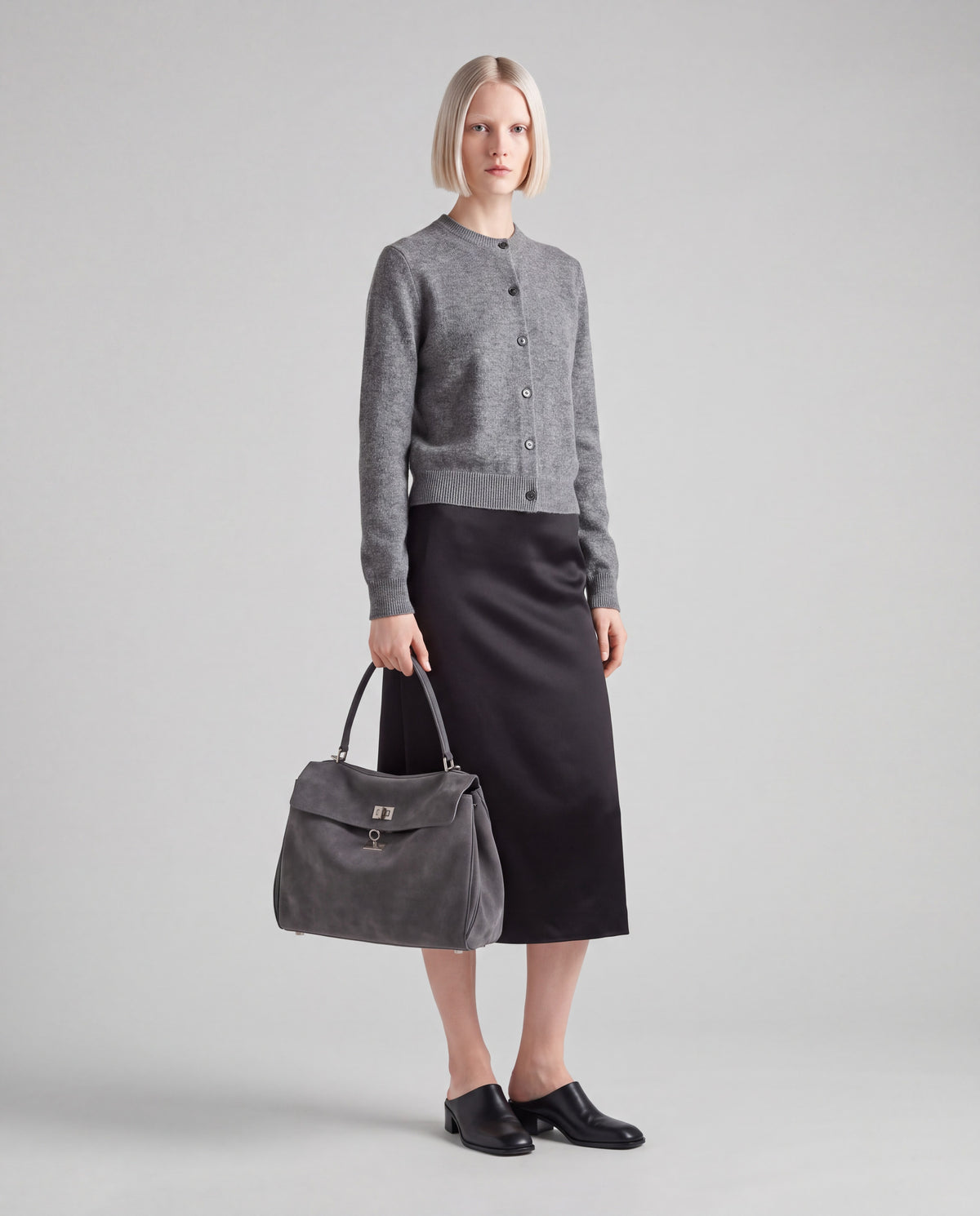 Dolce Small bag in Grey – worn by model, full length