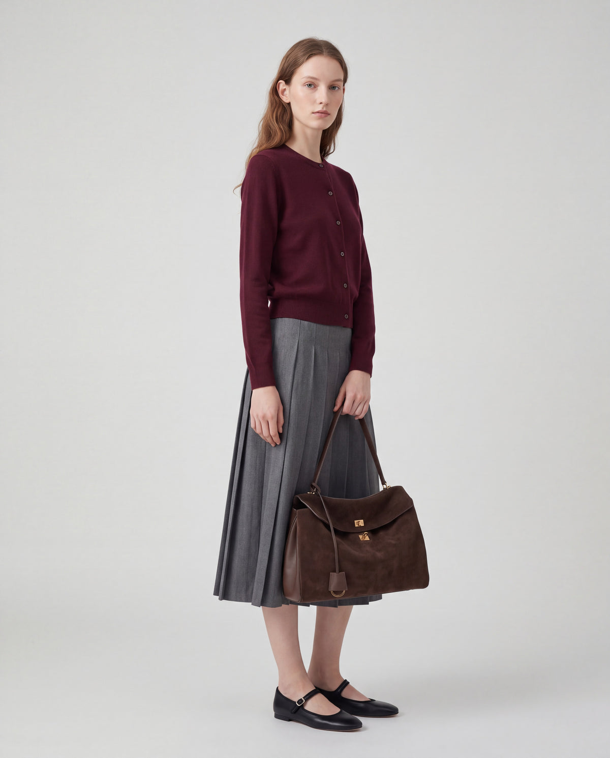 Dolce Large bag in Chocolate – worn by model, full length