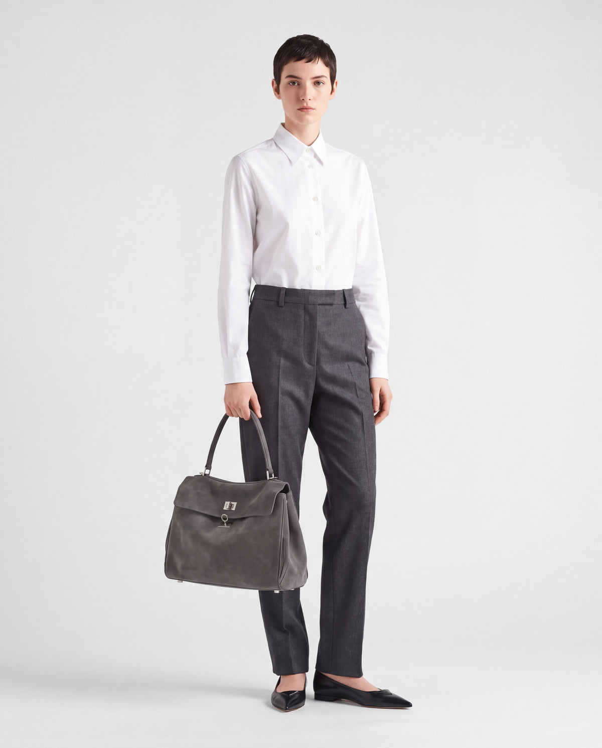 Dolce Large bag in Grey – worn by model, full length