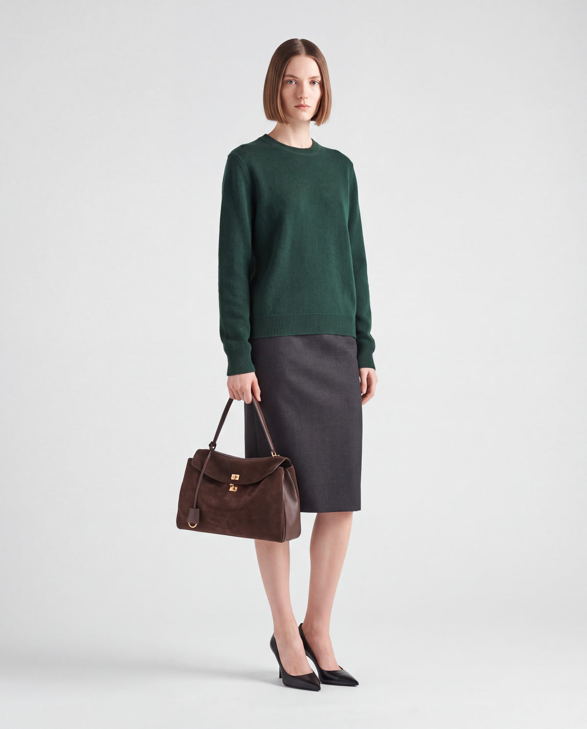 Dolce Medium bag in Chocolate – worn by model, full length