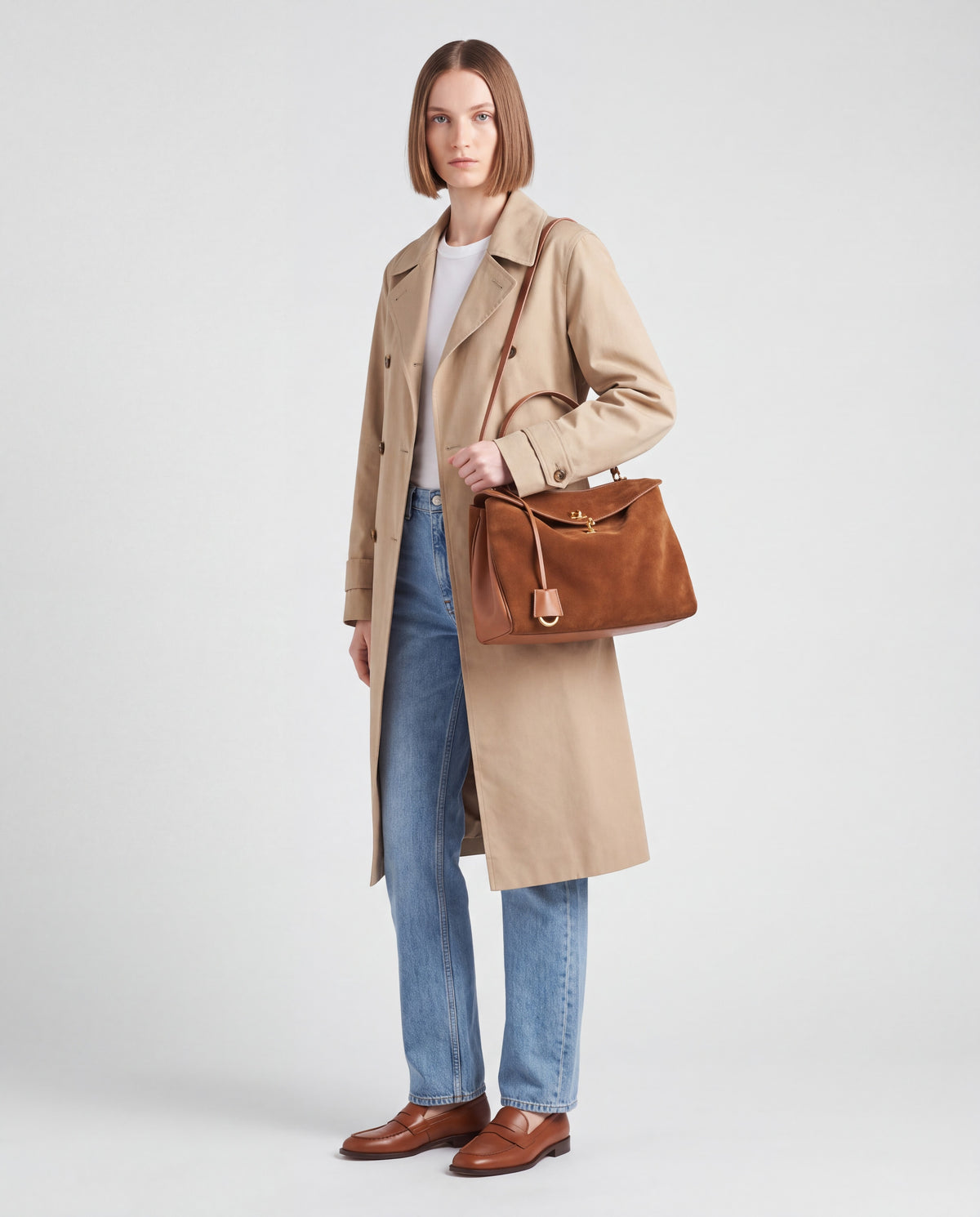 Dolce Medium bag in Cognac – worn by model, full length
