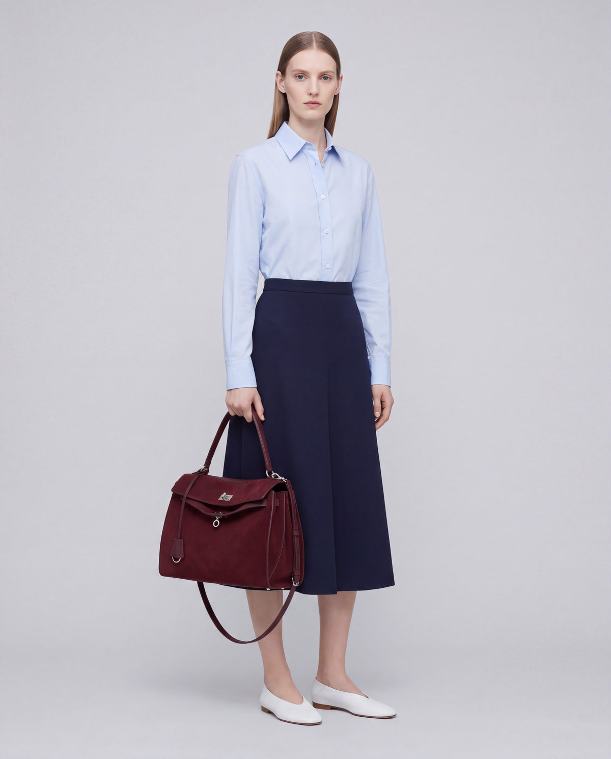 Dolce Small bag in Wine – worn by model, full length