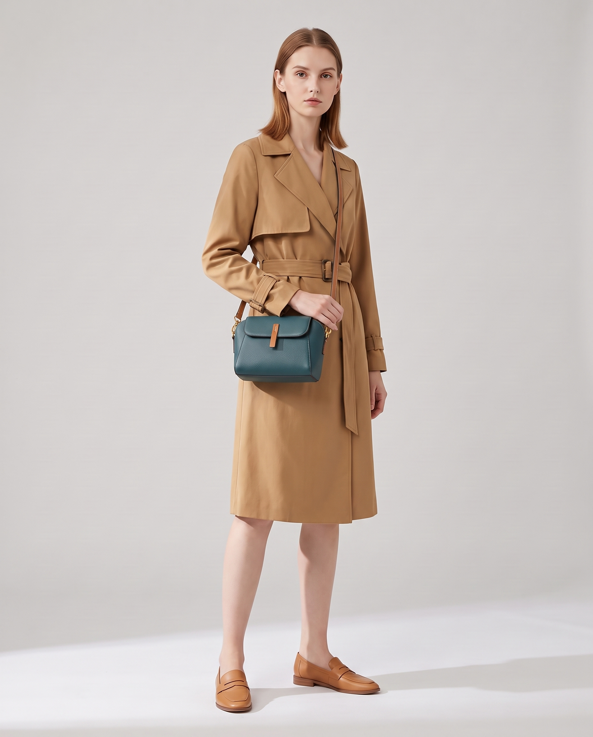 Elara mini leather crossbody in Teal – model wearing it crossbody, full length
