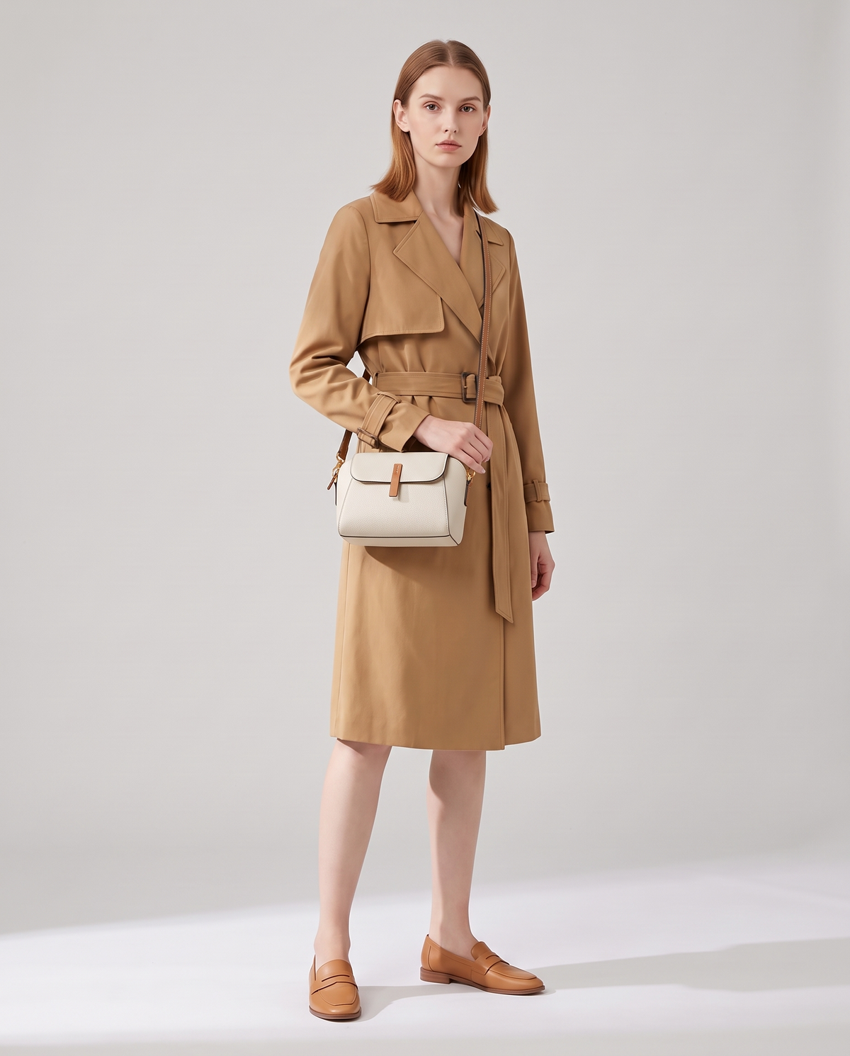 Elara mini leather crossbody in White – model wearing it crossbody, full length