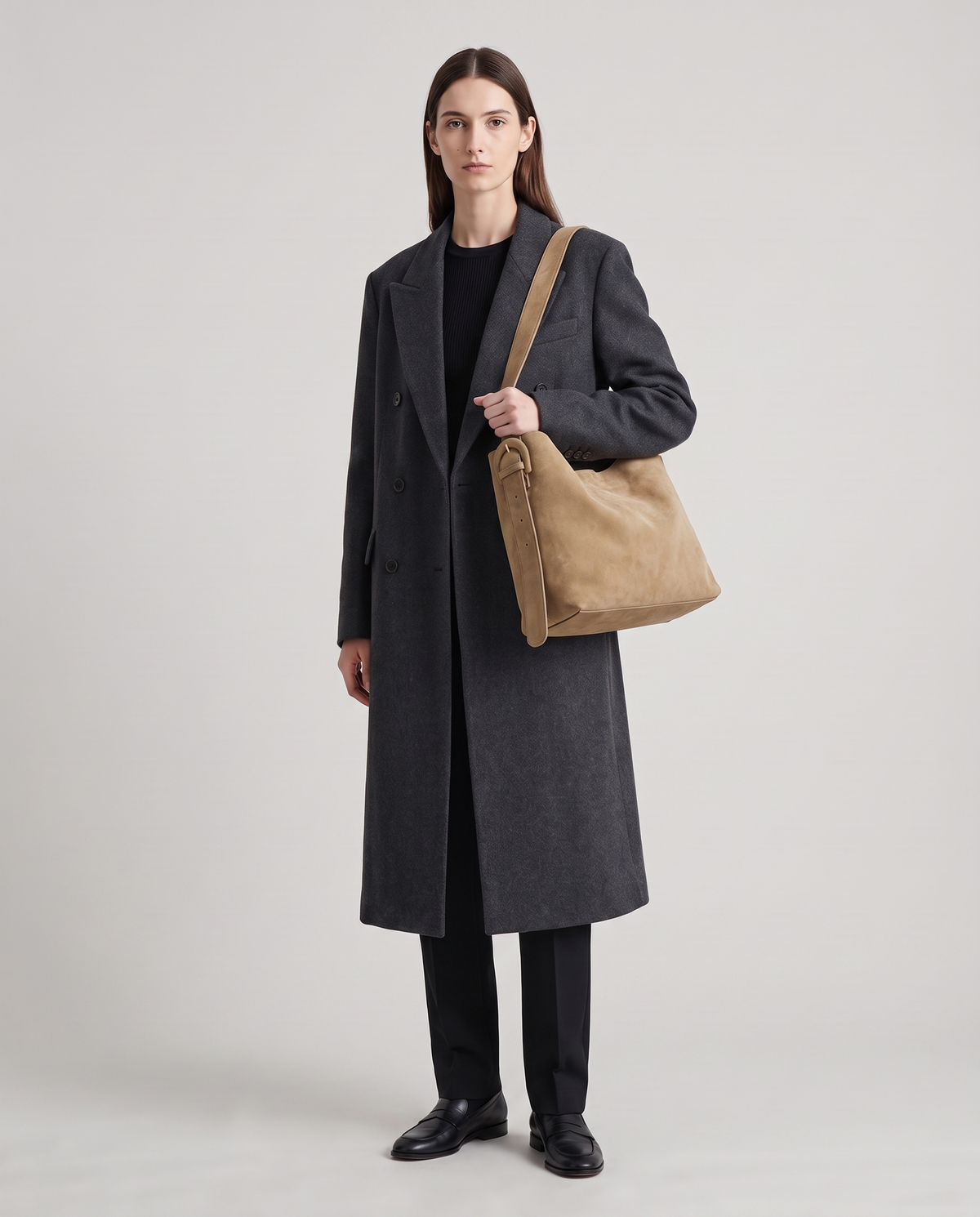 Model with the Elba suede tote in beige, full length