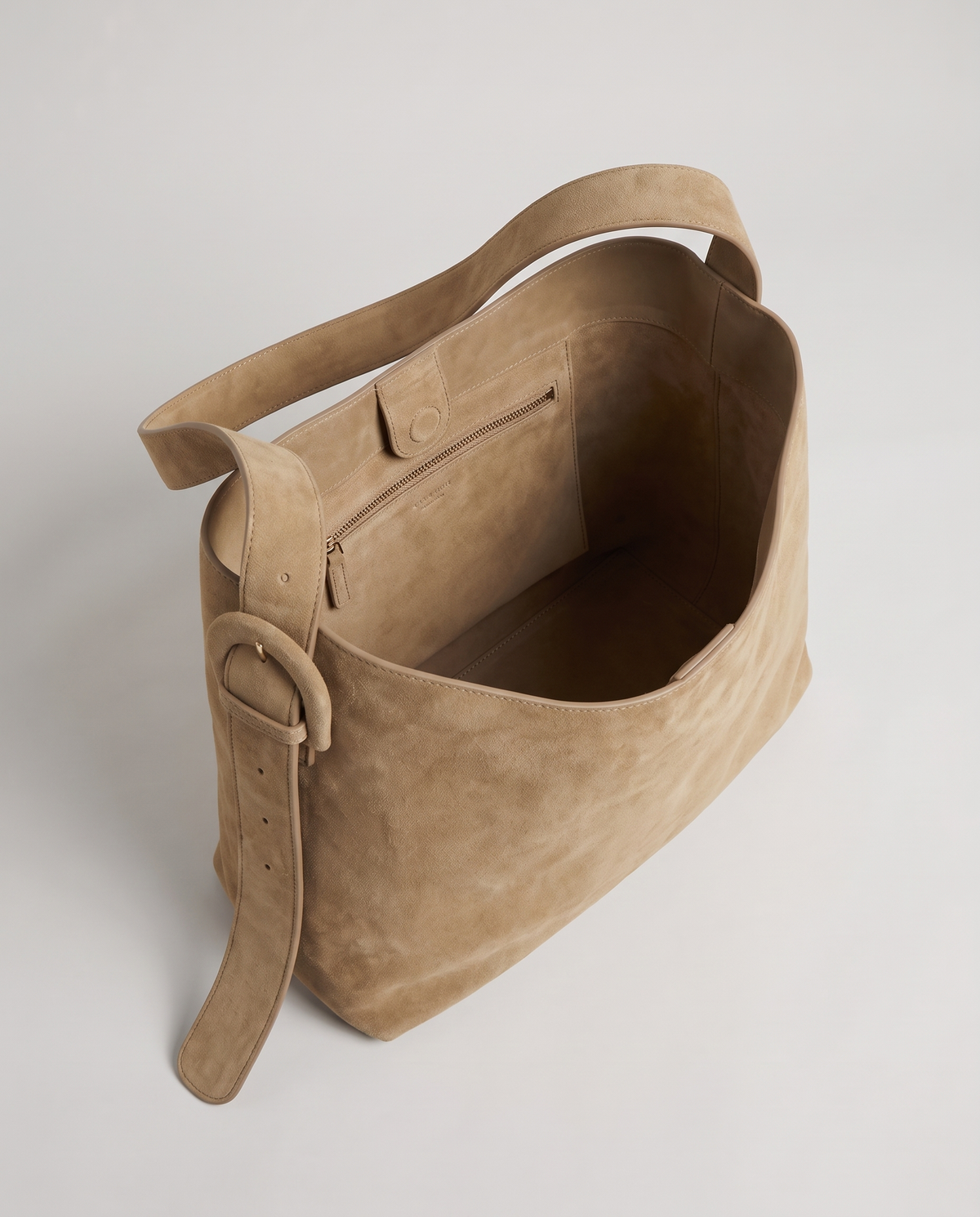 Elba suede tote in beige, open showing interior