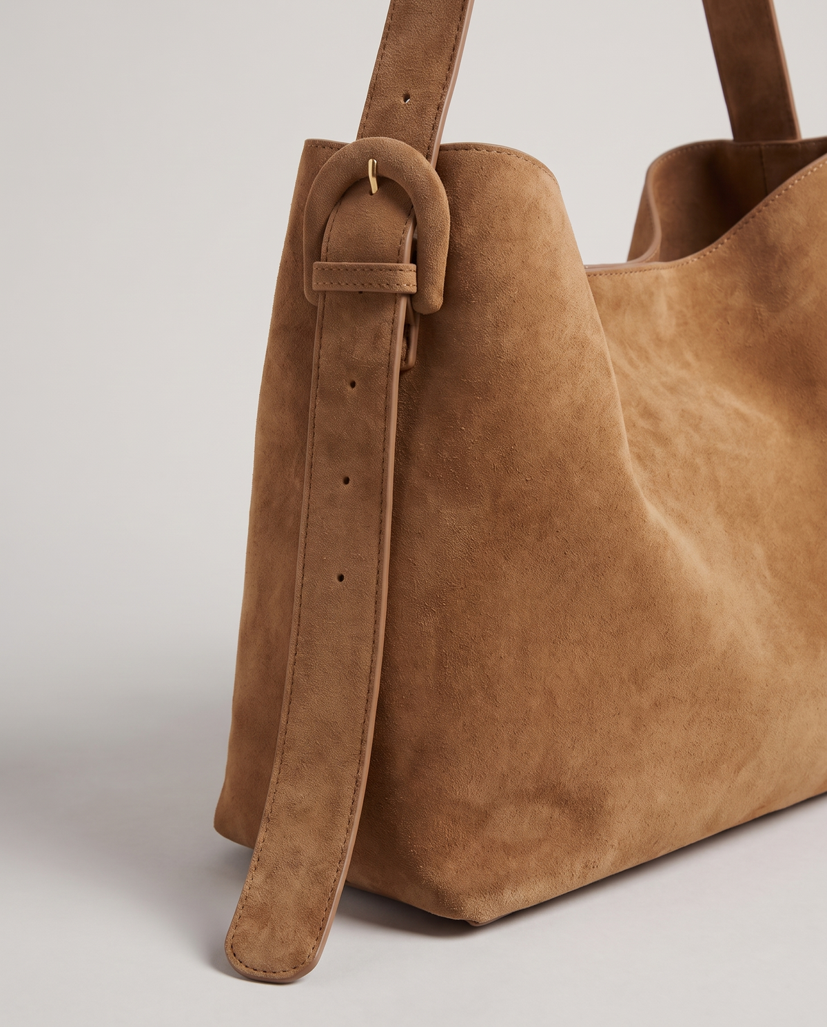 Elba suede tote in camel, hardware and leather detail