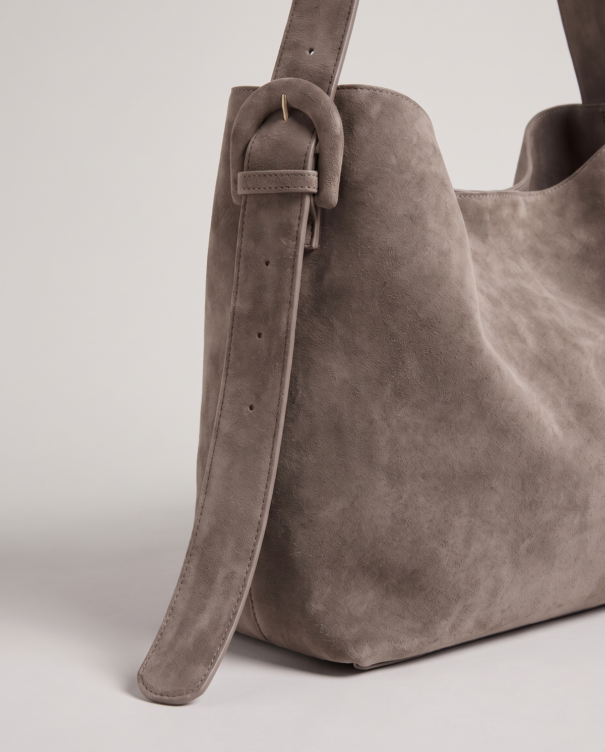 Elba suede tote in taupe, hardware and leather detail