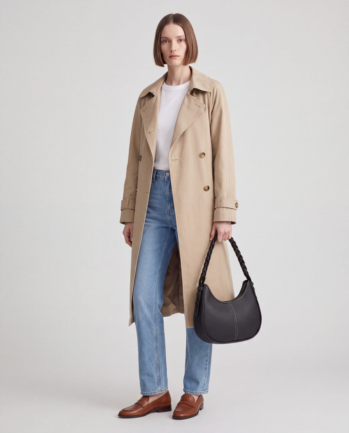 Everyday Shoulder Bag in Black – worn by model, full length