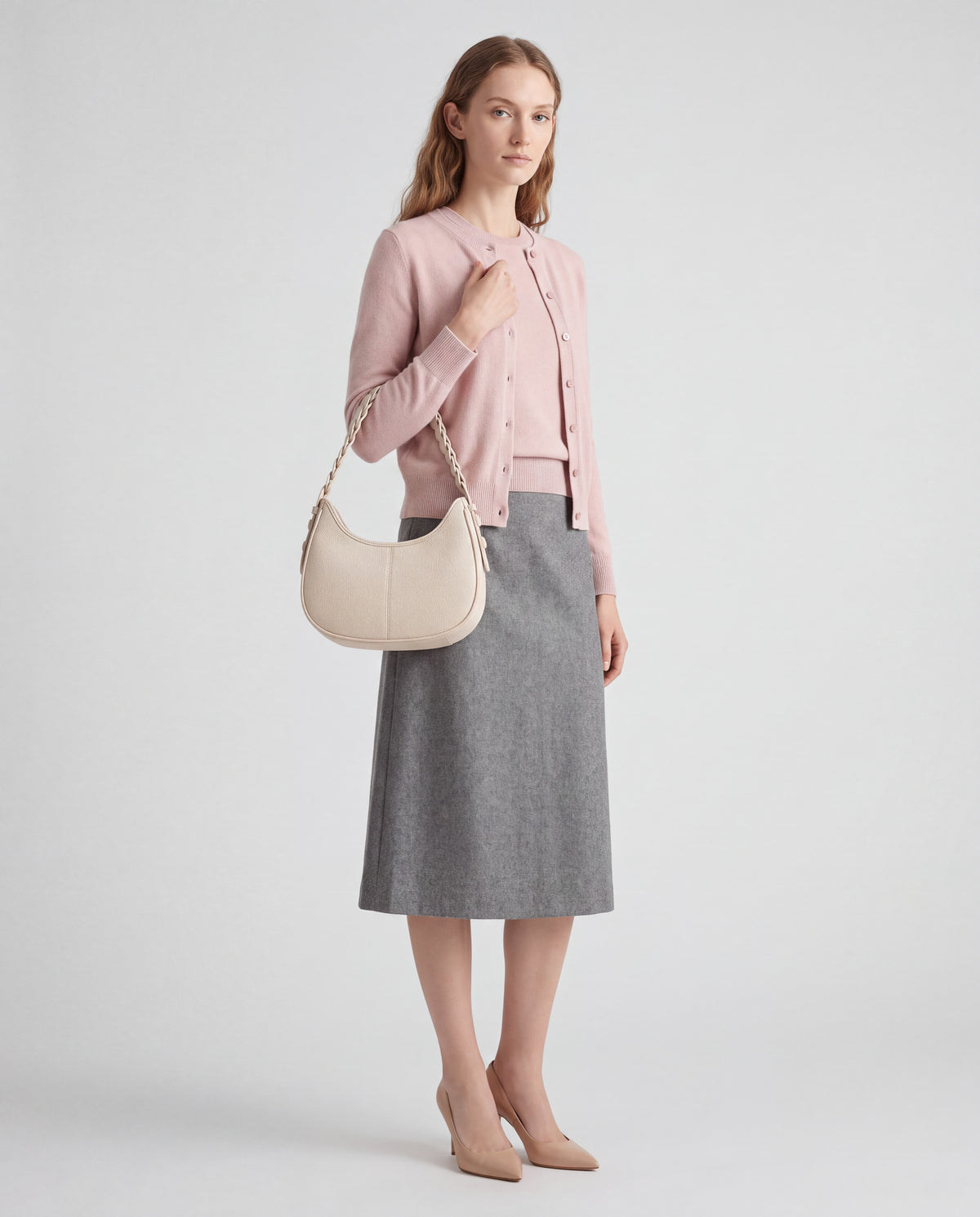 Everyday Shoulder Bag in Ivory – worn by model, full length