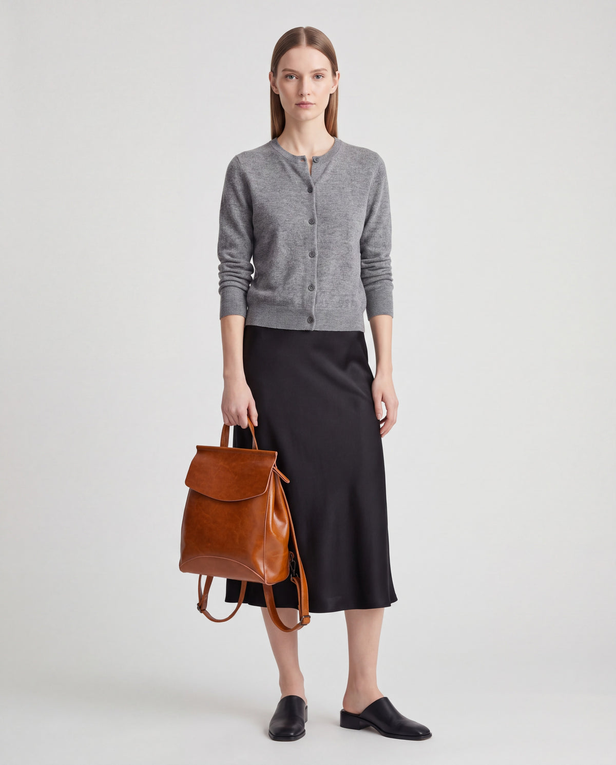 Forma bag in Brown – worn by model, full length