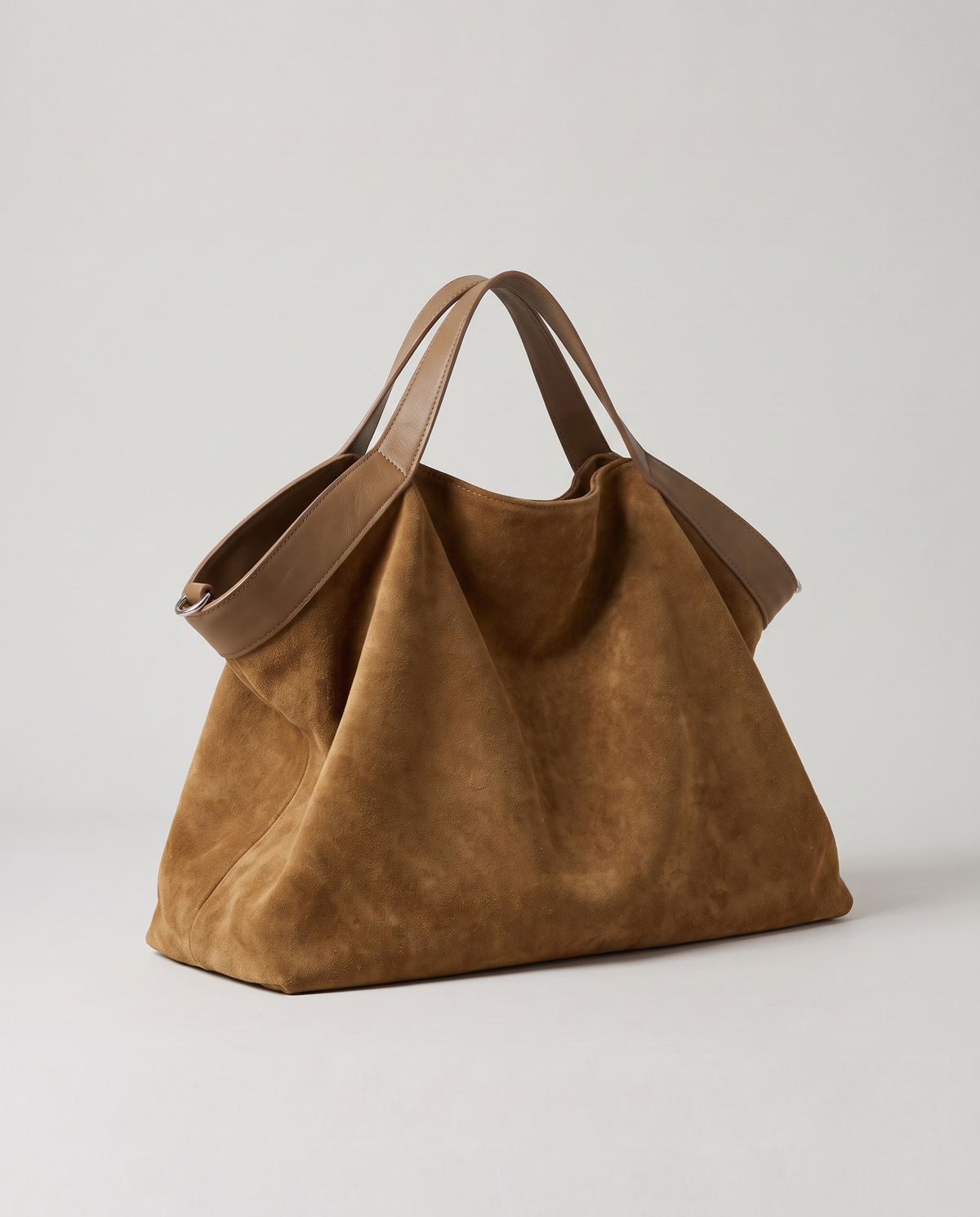 Forte suede tote in camel, three-quarter view